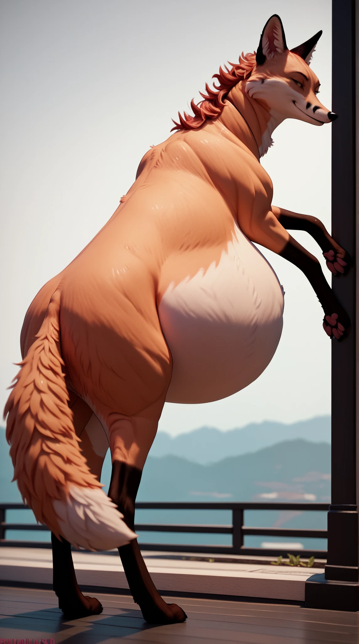 long tall round feral fox. smug smile. very big massive round pregnant belly swaying to the sides. belly protrudes from the sides.
hyperrealistic, photorealism, high detailing, 4k, rich colors, rear view.