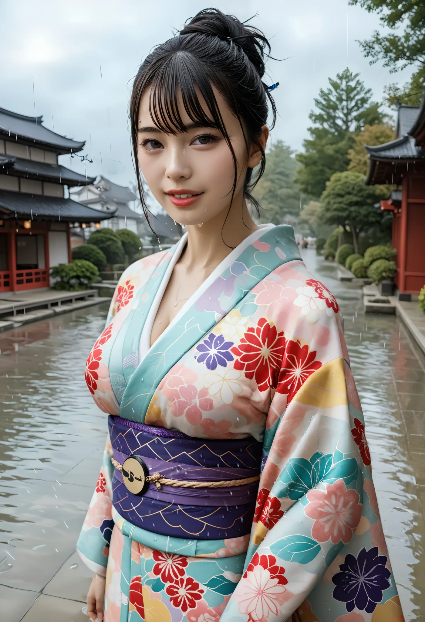  BEST QUALITY 、 high quality 、 highest resolution、 high resolution、8K quality、 high definition 、 Best Quality、  Masterpiece 、 movie-like images、 Immersive Footage 、 Very realistic looking image 、 realistic image 、  perfect detail 、  high contrast 、High fidelity、 Perfect photo、Close to reality、  images reproduced in detail 、Detailed and realistic human body、Detailed and realistic human skin、 Detailed and realistic face、Detailed and realistic eyes、 Realistic lips drawn in detail 、 detailed and realistic teeth、Realistic ears、 Realistic hair 、(( Japanese model))､(( adult woman))、((Mature Woman))、((Adult face))、(( black hair))、((Big Breasts))、(( slim, perfectly mature body ))、((Full body glossy skin))､((Traditional Japanese Garden))、((Rain clouds spreading across the sky))、((Heavy rain weather))､(( downpour))、((Stormy wind and rain))、(((Colorful floral pattern( see-through kimono )))、(((Colorful floral pattern(Clear Vinyl Kimono )))､((( downpourの中でリラックス( beautiful posture)))、((( Wet Skin from Head to Feet )))、((Rain dripping from wet kimono ))、(((Her skin is clearly visible from under her wet kimono)))､(( subject close-up))