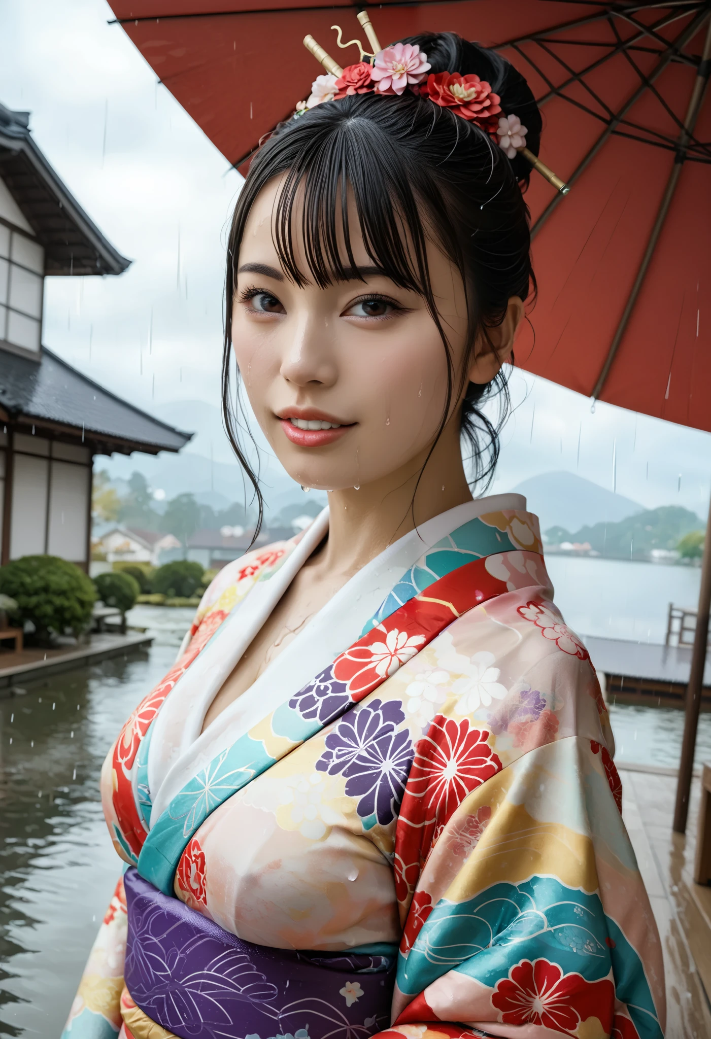 BEST QUALITY 、 high quality 、 highest resolution、 high resolution、8K quality、 high definition 、 Best Quality、 Masterpiece 、 movie-like images、 Immersive Footage 、 Very realistic looking image 、 realistic image 、 perfect detail 、 high contrast 、High fidelity、 Perfect photo、Close to reality、 images reproduced in detail 、Detailed and realistic human body、Detailed and realistic human skin、 Detailed and realistic face、Detailed and realistic eyes、 Realistic lips drawn in detail 、 detailed and realistic teeth、Realistic ears、 Realistic hair 、(( Japanese model))、(( adult woman))、((Mature Woman))、((Adult face))、(( black hair))、((Big Breasts))、(( slim, perfectly mature body ))、((Full body glossy skin))、((Traditional Japanese Garden))、((Rain clouds spreading across the sky))、((Heavy rain weather))、(( downpour))、((Stormy wind and rain))、(((Colorful floral pattern( see-through kimono )))、(((Colorful floral pattern(Clear Vinyl Kimono )))、((( downpourの中でリラックス( beautiful posture)))、((( Wet Skin from Head to Feet )))、((Rain dripping from wet kimono ))、(((Her skin is clearly visible from under her wet kimono)))、(( subject close-up))