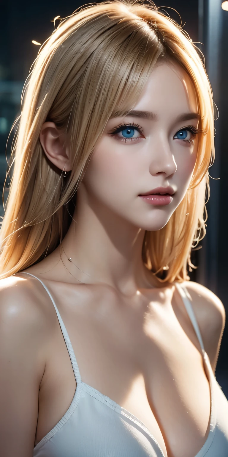 portrait , Practical, blue eyes, blond hair, big breasts, 4K resolution , High Quality CG, Beautiful CG, Soft Light ,