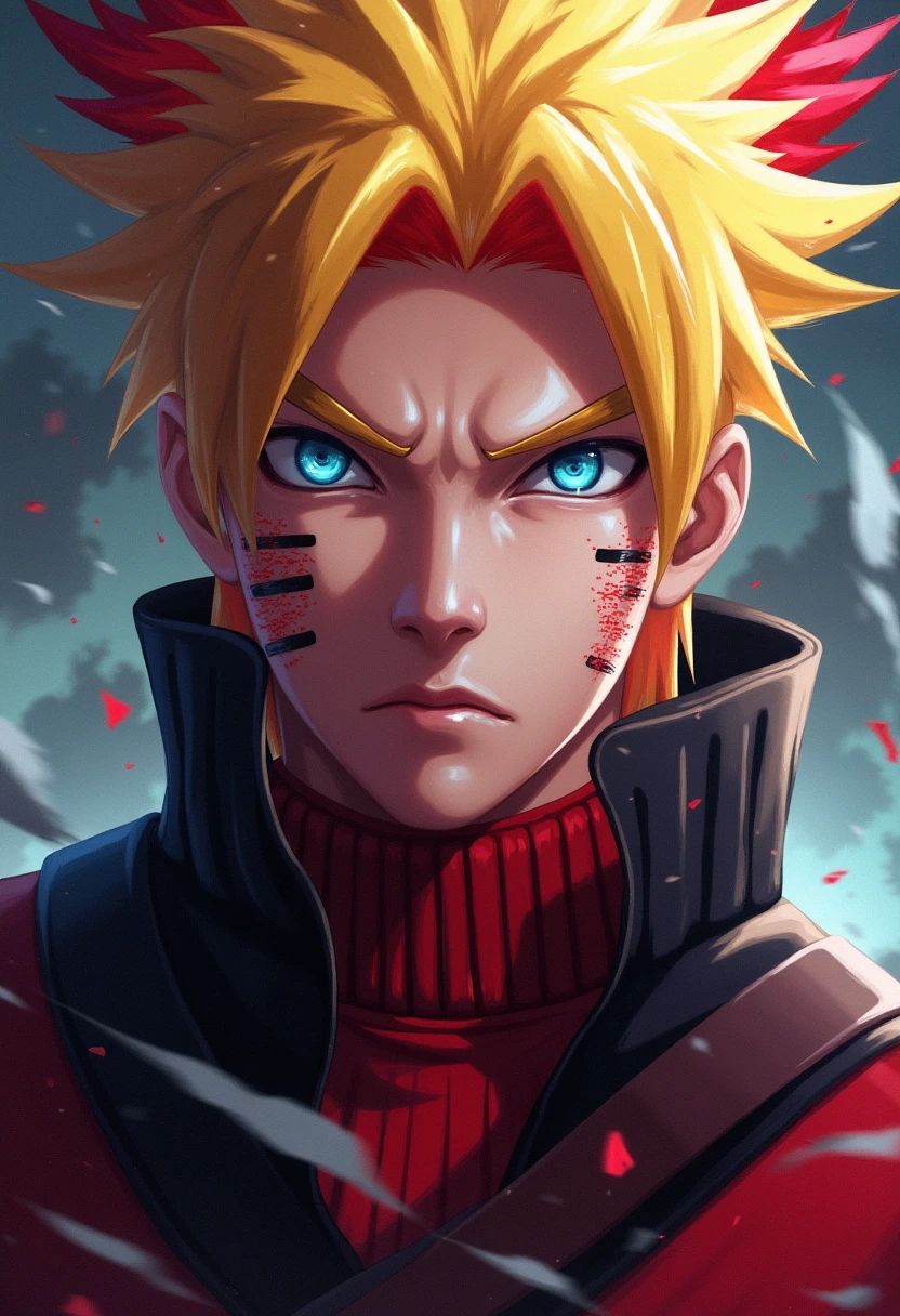 Realistic, 1boy, naruto wearing Ironman suit, Naruto Uzumaki, three black streaks on the cheek, blonde hair, standing,