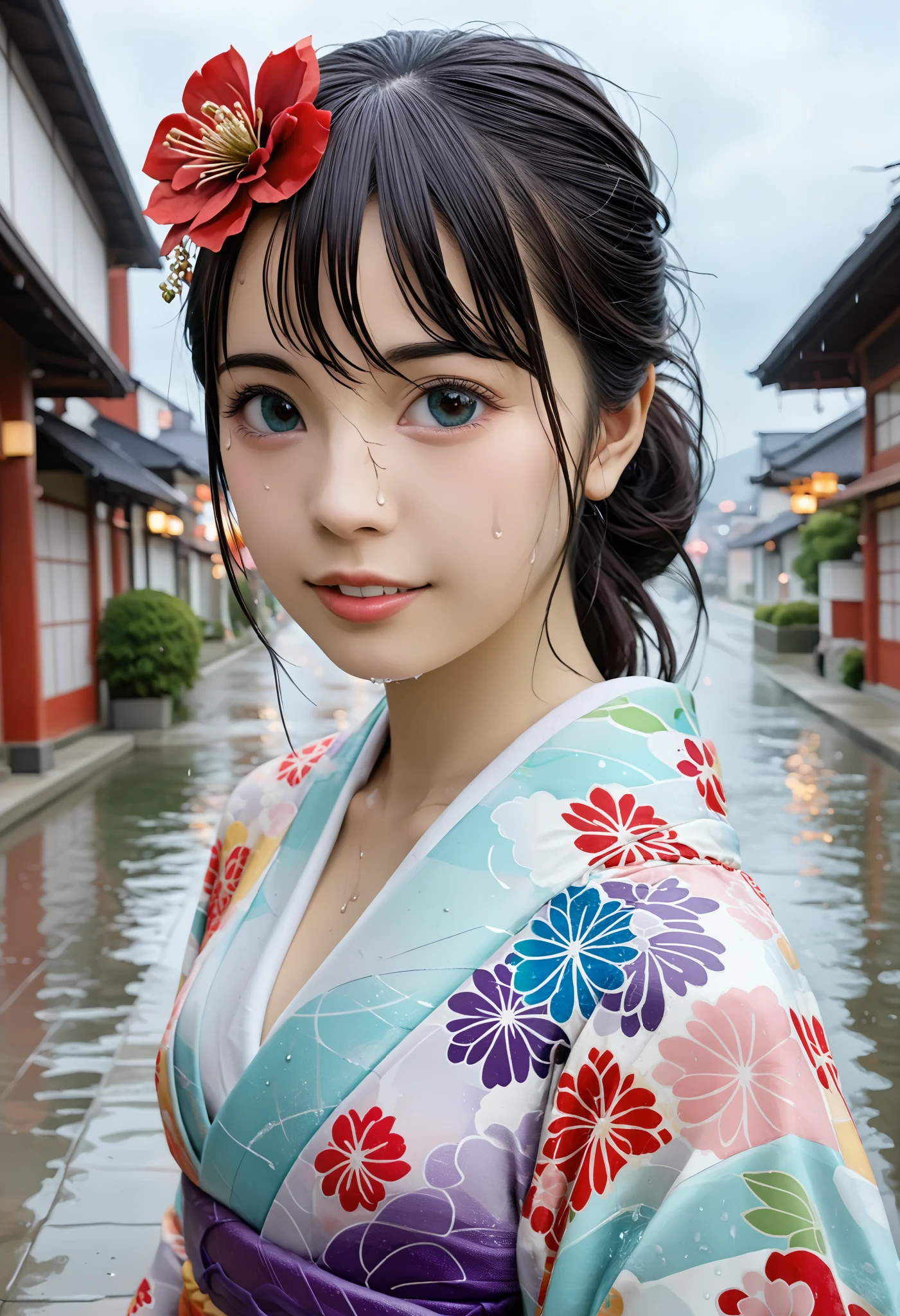 BEST QUALITY 、 high quality 、 highest resolution、 high resolution、8K quality、 high definition 、 Best Quality、 Masterpiece 、 movie-like images、 Immersive Footage 、 Very realistic looking image 、 realistic image 、 perfect detail 、 high contrast 、High fidelity、 Perfect photo、Close to reality、 images reproduced in detail 、Detailed and realistic human body、Detailed and realistic human skin、 Detailed and realistic face、Detailed and realistic eyes、 Realistic lips drawn in detail 、 detailed and realistic teeth、Realistic ears、 Realistic hair 、(( Japanese model))、(( junior. idol))、(( middle school girls))、(( cute face))、(( black hair))、((平たい胸、 small breasts))、(( petite figure、 slim figure))、((Full body glossy skin))、((Traditional Japanese Garden))、((Rain clouds spreading across the sky))、((Heavy rain weather))、(( downpour))、((Stormy wind and rain))、(((Colorful floral pattern( see-through kimono )))、(((Colorful floral pattern(Clear Vinyl Kimono )))、((( downpourの中でリラックス( beautiful posture)))、((( Wet Skin from Head to Feet )))、((Rain dripping from wet kimono ))、(((Her skin is clearly visible from under her wet kimono)))、(( subject close-up))