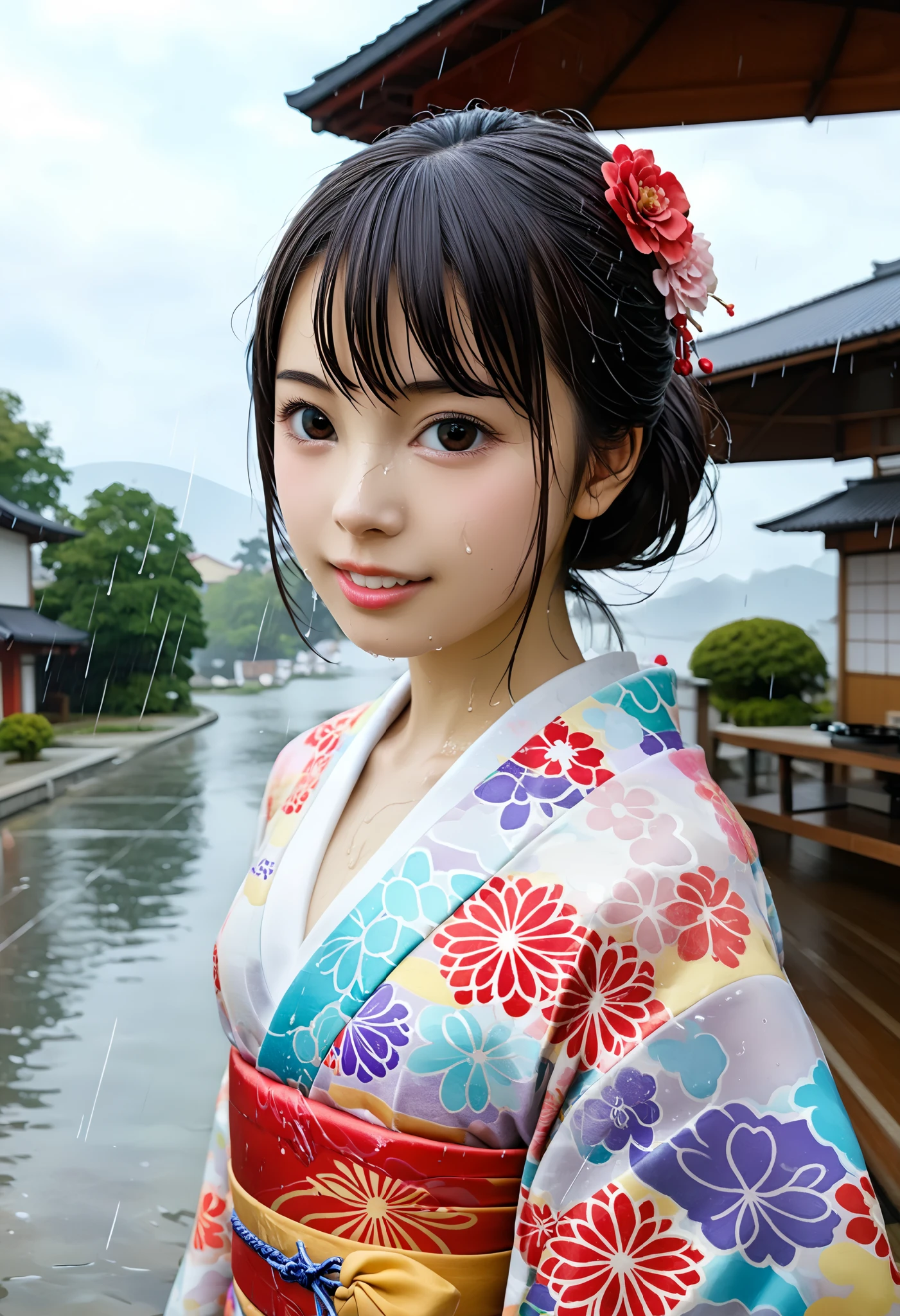 BEST QUALITY 、 high quality 、 highest resolution、 high resolution、8K quality、 high definition 、 Best Quality、 Masterpiece 、 movie-like images、 Immersive Footage 、 Very realistic looking image 、 realistic image 、 perfect detail 、 high contrast 、High fidelity、 Perfect photo、Close to reality、 images reproduced in detail 、Detailed and realistic human body、Detailed and realistic human skin、 Detailed and realistic face、Detailed and realistic eyes、 Realistic lips drawn in detail 、 detailed and realistic teeth、Realistic ears、 Realistic hair 、(( Japanese model))、(( junior. idol))、(( girls))、(( cute face))、(( black hair))、((平たい胸、 small breasts))、(( petite figure、 slim figure))、((Full body glossy skin))、((Traditional Japanese Garden))、((Rain clouds spreading across the sky))、((Heavy rain weather))、(( downpour))、((Stormy wind and rain))、(((Colorful floral pattern( see-through kimono )))、(((Colorful floral pattern(Clear Vinyl Kimono )))、((( downpourの中でリラックス( beautiful posture)))、((( Wet Skin from Head to Feet )))、((Rain dripping from wet kimono ))、(((Her skin is clearly visible from under her wet kimono)))、(( subject close-up))