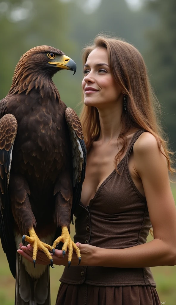 Close-up de uma (((bela linda e jovem mulher))), com uma (((giant eagle))), (((ao seu lado com as asas abertas, giving protection))) , (((a linda e jovem mulher com seus lindos cabelos olhos verdes e um lindo vestido cabelos prateados))), melhor qualidade, primitivo, a noite, (((Super-detailed, high-precision details))), (((The image is clear and sharp)))