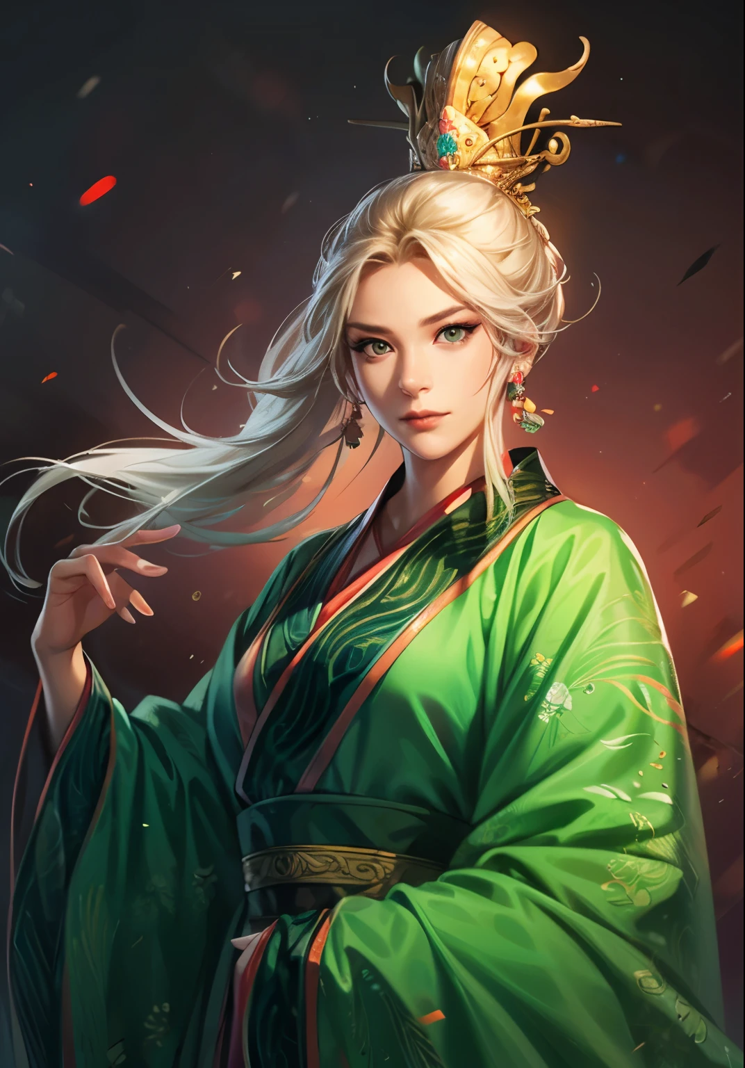 Han Dynasty Landscape、Three Kingdoms、Full Body、(Highest quality,4K,8k,High resolution,masterpiece:1.2)、Very detailed, High resolution,hyper HD、Studio Lighting、Ultra-fine painting、 Sharp focus、 Physically Based Rendering、 Very detailed explanation、 Professional、 Vibrant colors、Traditional Chinese Painting Techniques、 Atmospheric lighting、 Vivid color contrast、Very detailed eyes and face、 Beautiful attention to detail、 Light on the face、young woman wearing black Hanfu、(Hanfu: 1.2)、Eyes are green, perfect body, (((ung woman)))、(beautiful woman)、anatomically correct、Dynamic Pose、((emperor))、(Qin Shi Huang), Dragon pattern,The facial details are very rich,Emperor of the Qin Empire,wearing a crown,((emperor's clothes)),glamor,