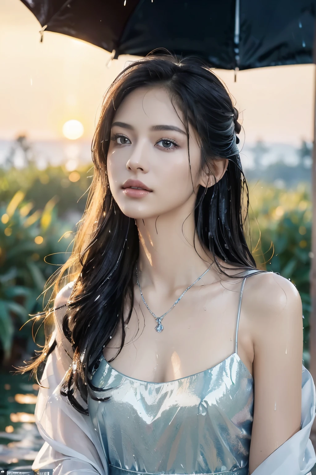 (((best quality))),(((ultra detailed))),(((masterpiece))),illustration,1 beautiful girl,solo,slim,thin,flat chest,shoulder length straight bob hair,flowing hair,fair skin,(shiny skin:1.3),sparkling eyes,blue dress,delicate silver necklace,grass,dewdropletts,trees,bird chirping,(shimmering shadows:1.3),serenity,gratitude,awe,wonders of nature,peace,contentment,magnificent world,summer,(sunrise:1.5),(pitch-dark dawn:1.5),upper body,from front,(after rain:1.3),(wet:1.3),standing,dark clouds,confident gaze,elegant posture,mysterious atmosphere,solemn mood,beam of light,deep blue sky,dawn approaching,detailed decorations