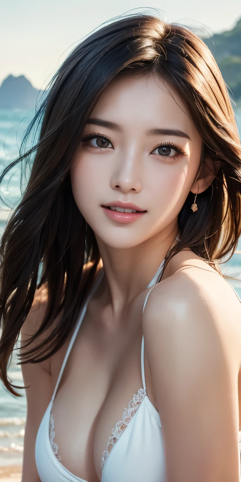 Masterpiece, top quality, illustration , Super Detail, Finely Details, high resolution, 8k wallpaper, perfect dynamic composition, beautiful detailed eyes , beach, sexy face, Expressions Full of Joy at Its Peak ,Face at peak sexual arousal