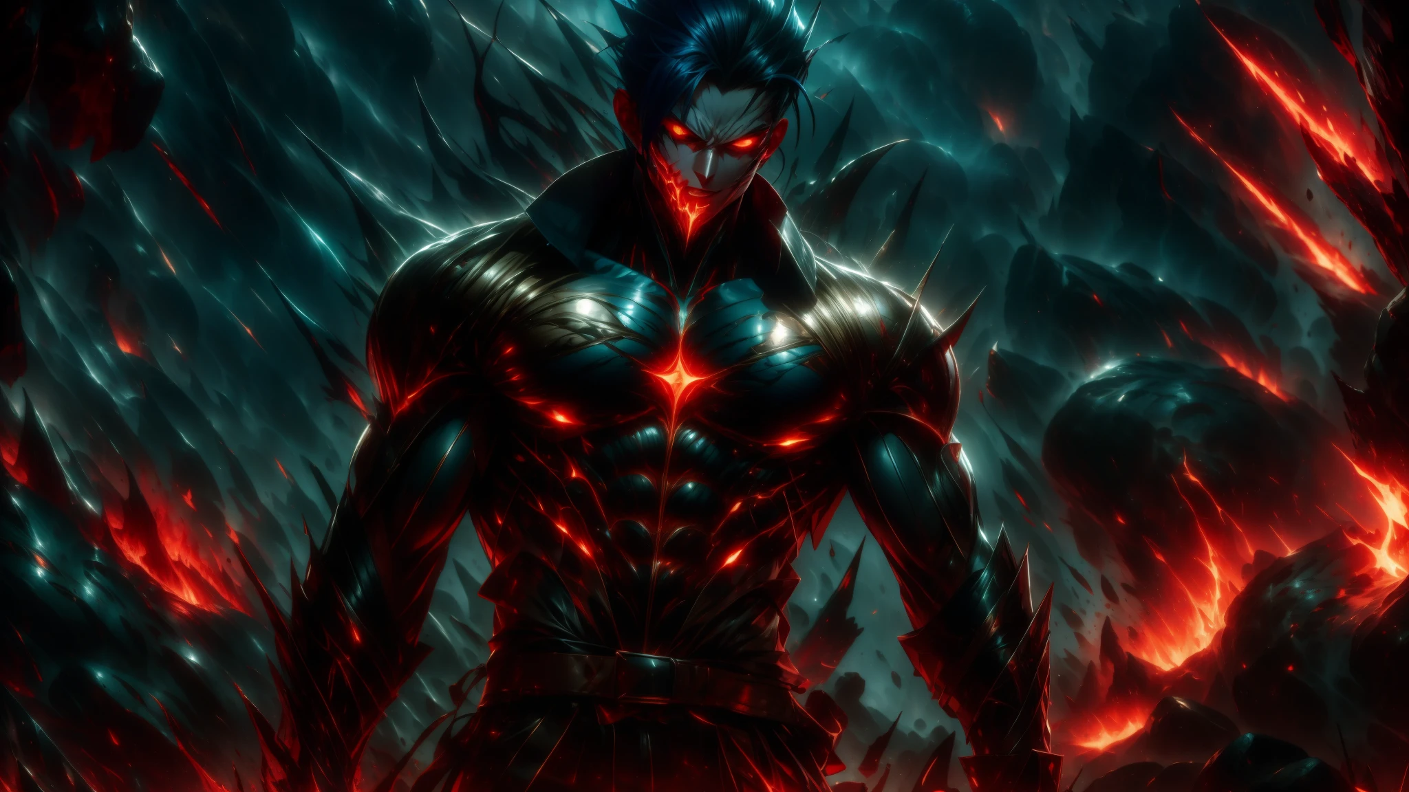 absurdres, highres, ultra detailed, HDR, master piece, best quality, Dabi, white hair, expressive turquoise eyes, Boku No Hero Academia, solo, sexy man, handsome, horny, demon, horns, lewd, black leather clothes, red cape, accessories, showing the chest, red sky, red moon, red trees, red spider lilies, fantasy, dark magic, magical