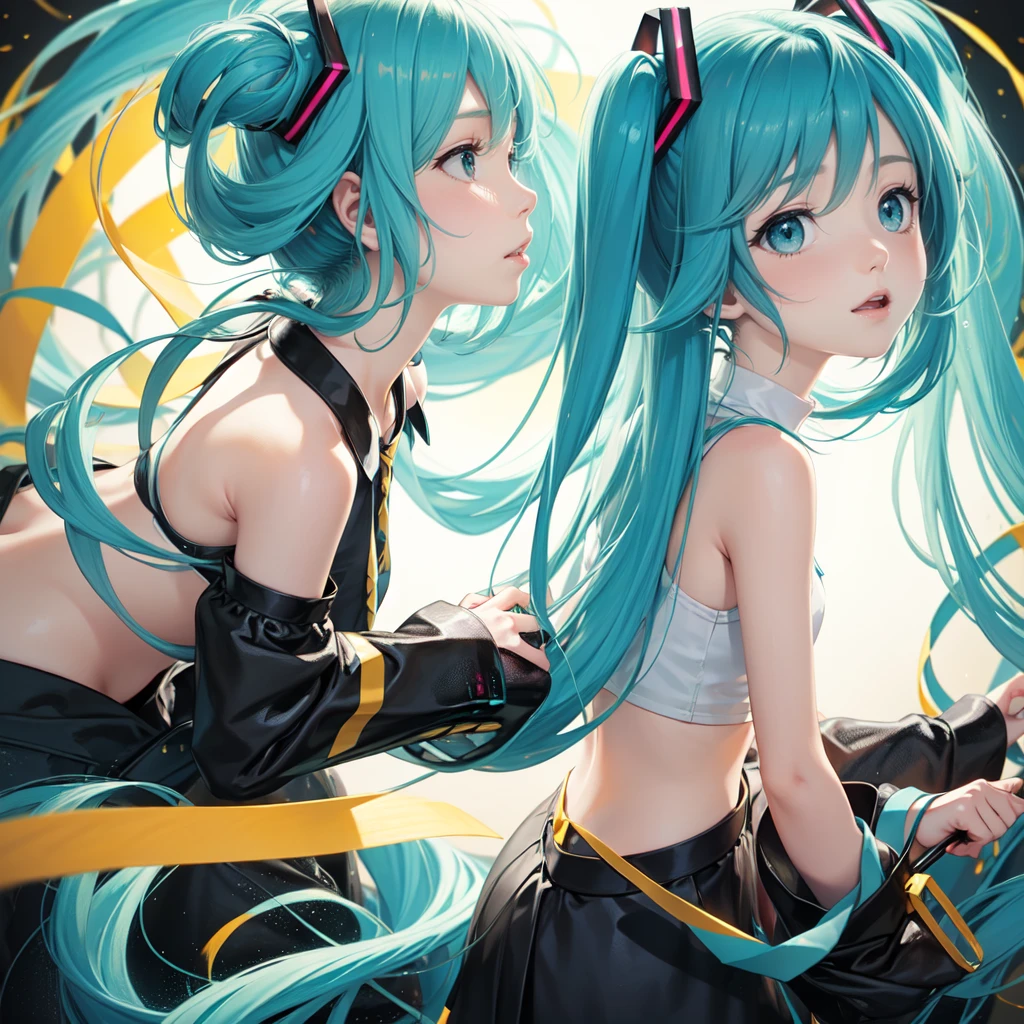2 girls, (Hatsune Miku), long hair, (((Kagamine Rin, yellow bobcut))), cute, naked, (curvy body:0.5), (plump body:0.5), small breasts, long hair, ((deep to breast