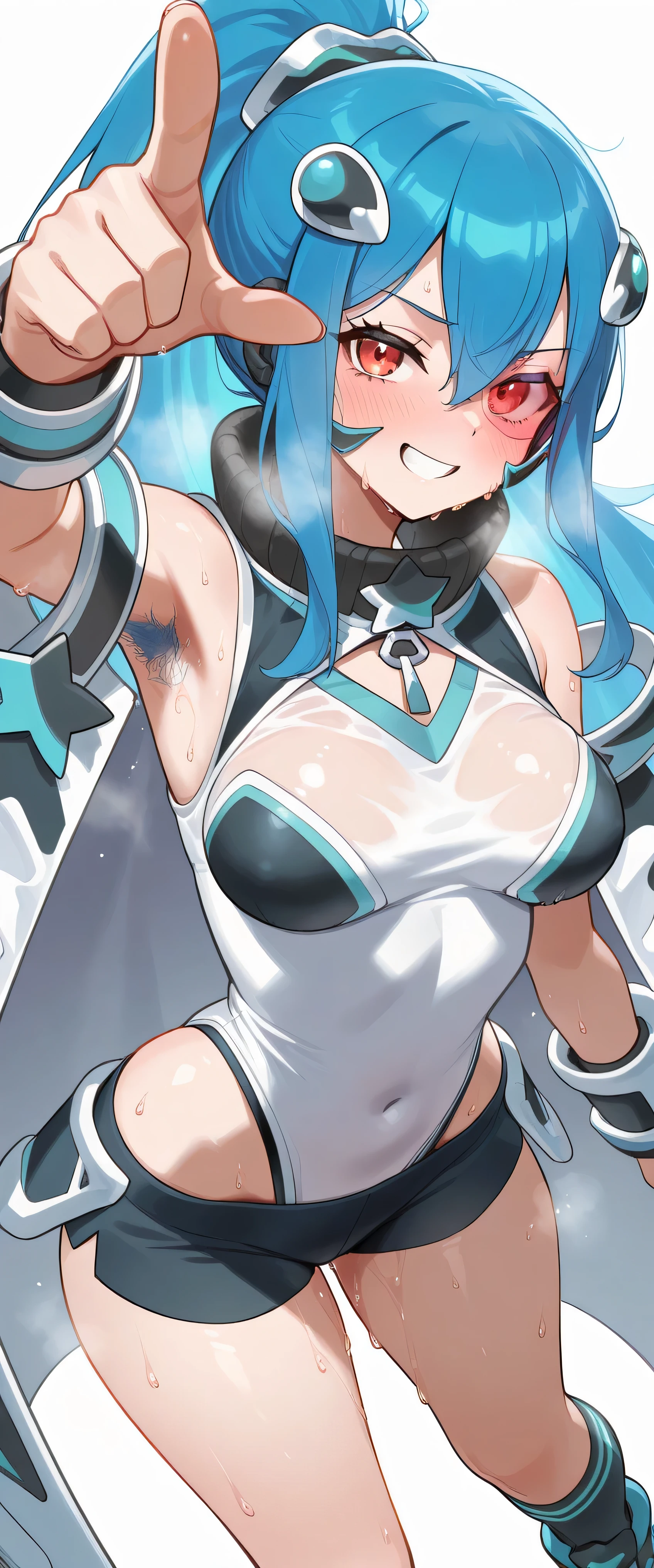 argostars - glorious adra, 1girl, solo, one eye covered, hot, steaming, steaming body, sweat, sweating, sweaty, sweaty body, wet, wet body, dripping, dripping sweat, blushing, (((white background))), simple background, looking at viewer, cowboy shot, standing, pointing, finger gun, open mouth, teeth, grin, ponytail, star \(symbol\), medium breasts, black shorts, black socks, black sneakers, white highleg leotard, tinted eyewear, white coat, black hair ornament, black hairset, white wrist guards, armpit, blue armpit hair, round butt, slim waist, skinny waist, wide hips, masterpiece, best quality, amazing quality, very aesthetic, absurdres, newest