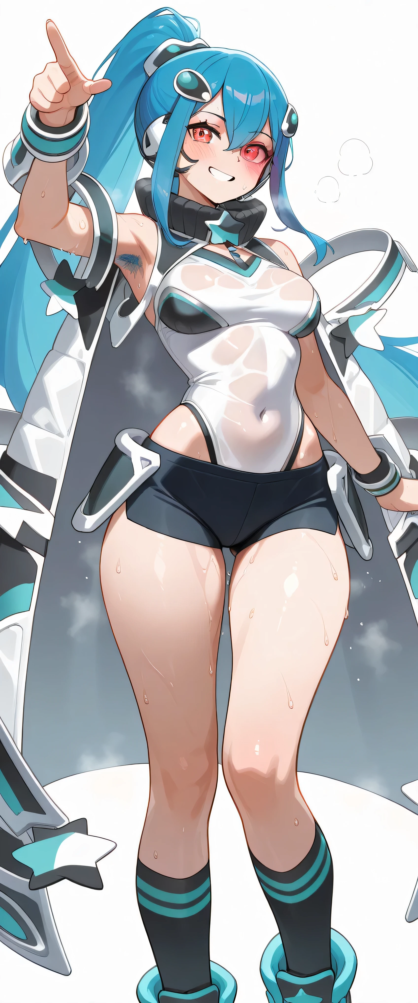 argostars - glorious adra, 1girl, solo, one eye covered, hot, steaming, steaming body, sweat, sweating, sweaty, sweaty body, wet, wet body, dripping, dripping sweat, blushing, (((white background))), simple background, looking at viewer, cowboy shot, standing, pointing, finger gun, open mouth, teeth, grin, ponytail, star \(symbol\), medium breasts, black shorts, black socks, black sneakers, white highleg leotard, tinted eyewear, white coat, black hair ornament, black hairset, white wrist guards, armpit, armpit hair same color as normal hair, round butt, slim waist, skinny waist, wide hips, masterpiece, best quality, amazing quality, very aesthetic, absurdres, newest