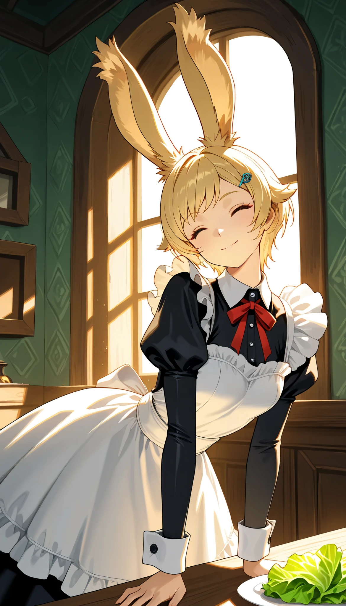 Masterpiece, top quality, Anatomically Modified , advanced detailed background , Character Focus, Dramatic Lighting,1 Viera girl, Rita Rothweiss, Collapse \(series\), elegant maid costume , Exquisitely Detailed Patterned Outfit , hair clip, with both eyes closed, ( head tilt:1.3), lean forward, She has a plate with lots of cabbage, Kitchen area , bright smile, soft light through window , Shallow Shadows, squirrel coming from window ,