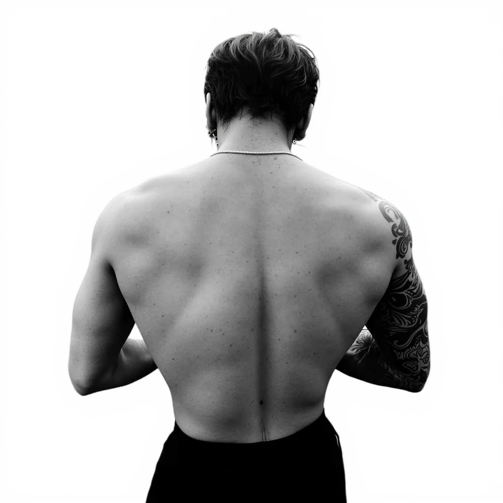 arafed man with his back turned to the camera, full growth from the back, back and white, in full growth from the back, arms behind back, back pose, his arms are behind his back, arched back, bare back, backview, his back is turned, backshot, hands behind back, back arched, big arches in the back