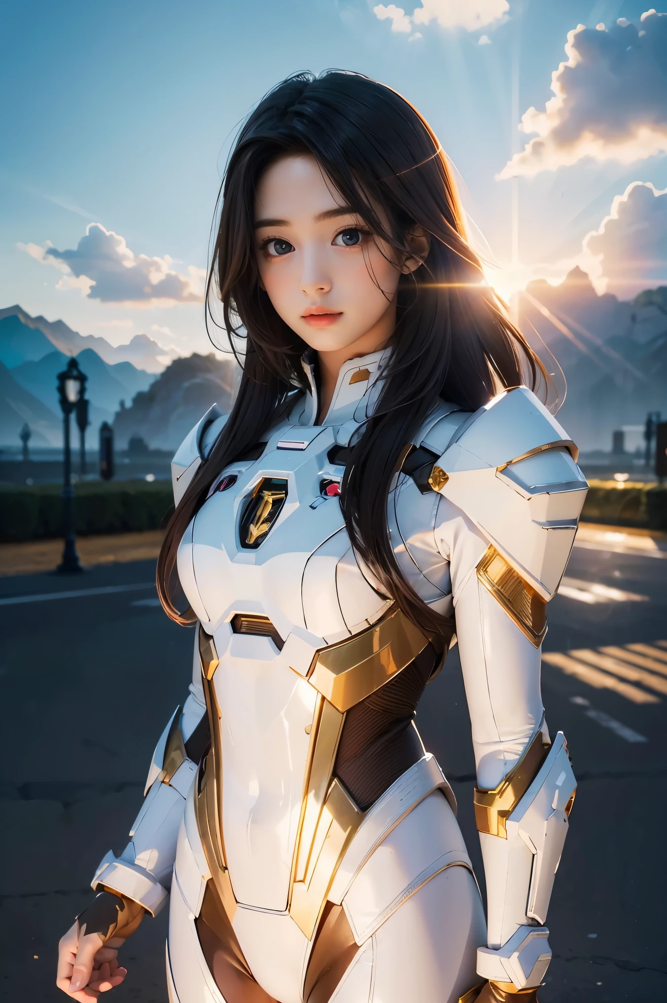 ((masterpiece, best quality, extremely detailed), volumetric lighting, ambient occlusion, colorful, glowing), 1girl, solo, young girl, (dark hair), long hair, halo, aura, sacred, goddess, cleric suit, (white outfit with gold detailst:1.3), armor, outdoors, sunset, sky, clouds, space, (fantasy theme:1.2),ม 1girl, full body, Illustration, cinematic light, high resolution, best quality, ultra-detailed, masterpiece, power suit, powerranger, suit, spd,