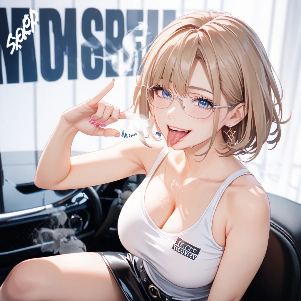 (8k, masterpiece, Best Quality, ultra-detailliert, Professional lighting),(1boy,large penis),1girls,(fellatio)(Beautiful girl) ,large breasts, black leather choker, tareme, gleaming skin, orange lipstick, from above, light particles, outdoor, smile, (spoken heart:1.3), (a person, crowd:1.3),full body,short skirt,nsfw,blond hair,orange waitress costume,frill,Glasses