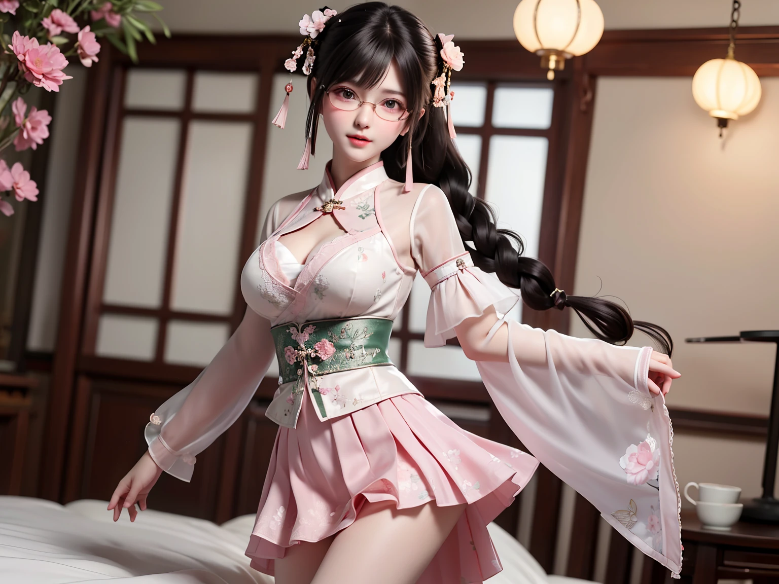 （（best qualtiy））， （（tmasterpiece））， （detail：1.4）， Beautiful cyberpunk female images，hdr（HighDynamicRange），Ray traching，NVIDIA RTX，Hyper-Resolution，illusory 5，sub surface scattering，PBR textures，post-proces，Anisotropy Filtering，depth of fields，maximum definition and sharpness，Many-Layer Textures，Albedo e mapas Speculares，Surface coloring，Mitsu-Accurate simulation of material interactions，perfectly proportioned，rendering by octane，Two-colored light，largeaperture，Low ISO，White balance，Rule three points、8K raw data、Beautiful bright blue pupils，off-the-shoulder clothes，Fine pupils，Delicate face and eyes，long eyelasher，Blushlush，Delicate and fluffy hair，pink lip，Pure，Cute face，Sweet girl，Artistic sense，Casual wear，Advancedsense，butterflys，Cherry blossom petal，Beautiful hair accessories，Long hair and waist，Hair fluttering in the wind，Snow-white fox ears，curlies，Snow-white fluffy tail，Positive light，The light from the back window is backlighted