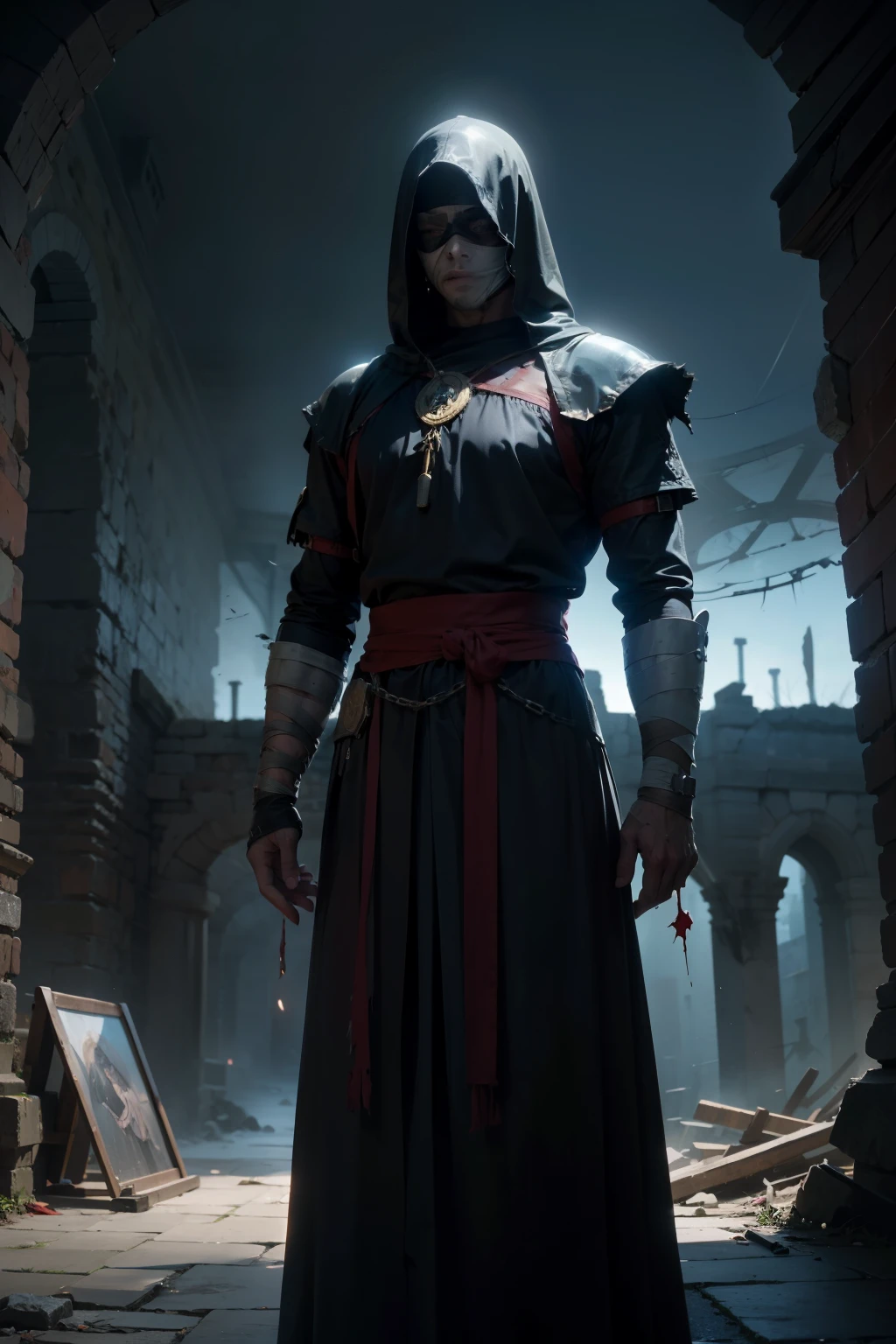 medieval times , Desolate Ruins, Skinny man , A bloody bandage with his eyes covered , torn ragged clothes, dark night , A dreary tone in dark fantasy style