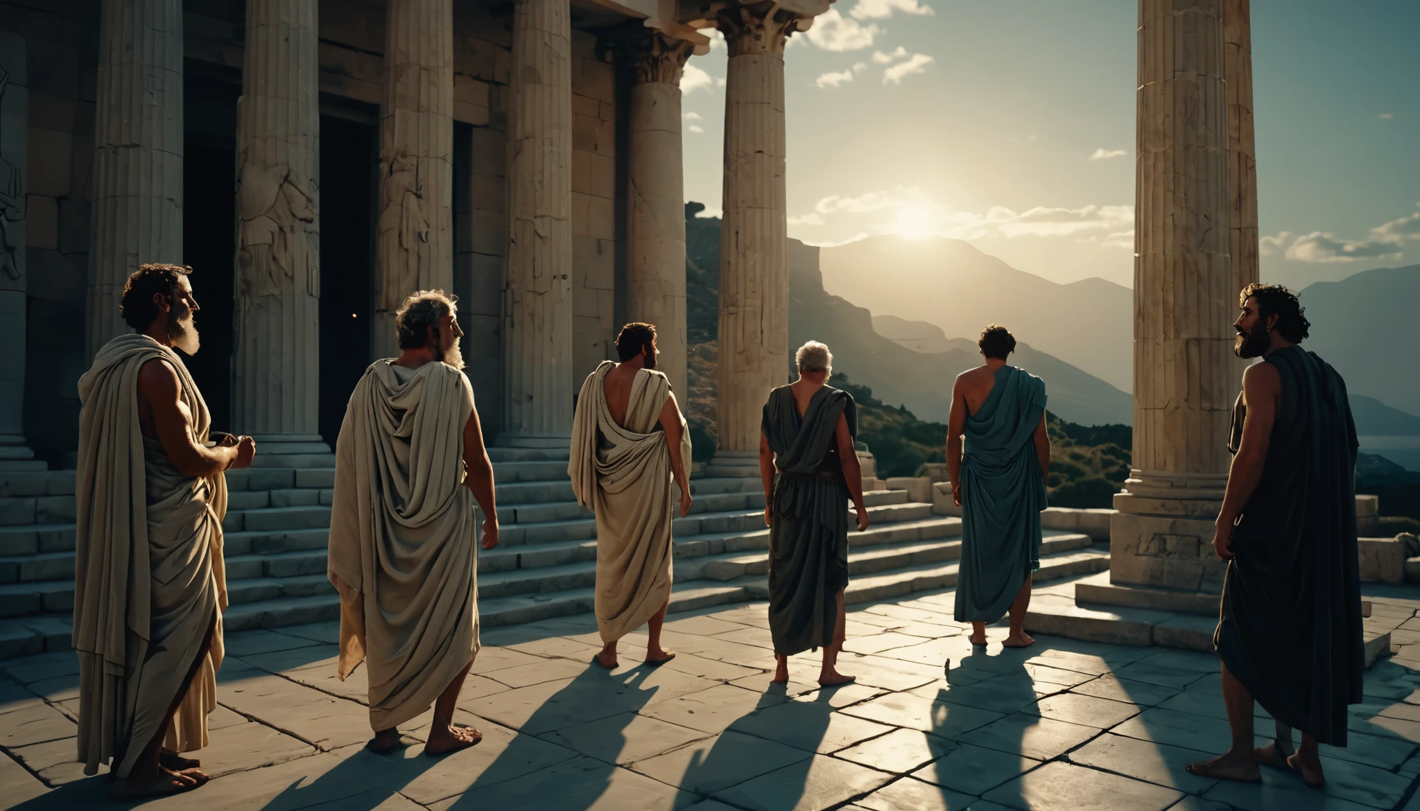 cinematic , aesthetic, ancient greece, ancient Greek sages, dramatic lighting