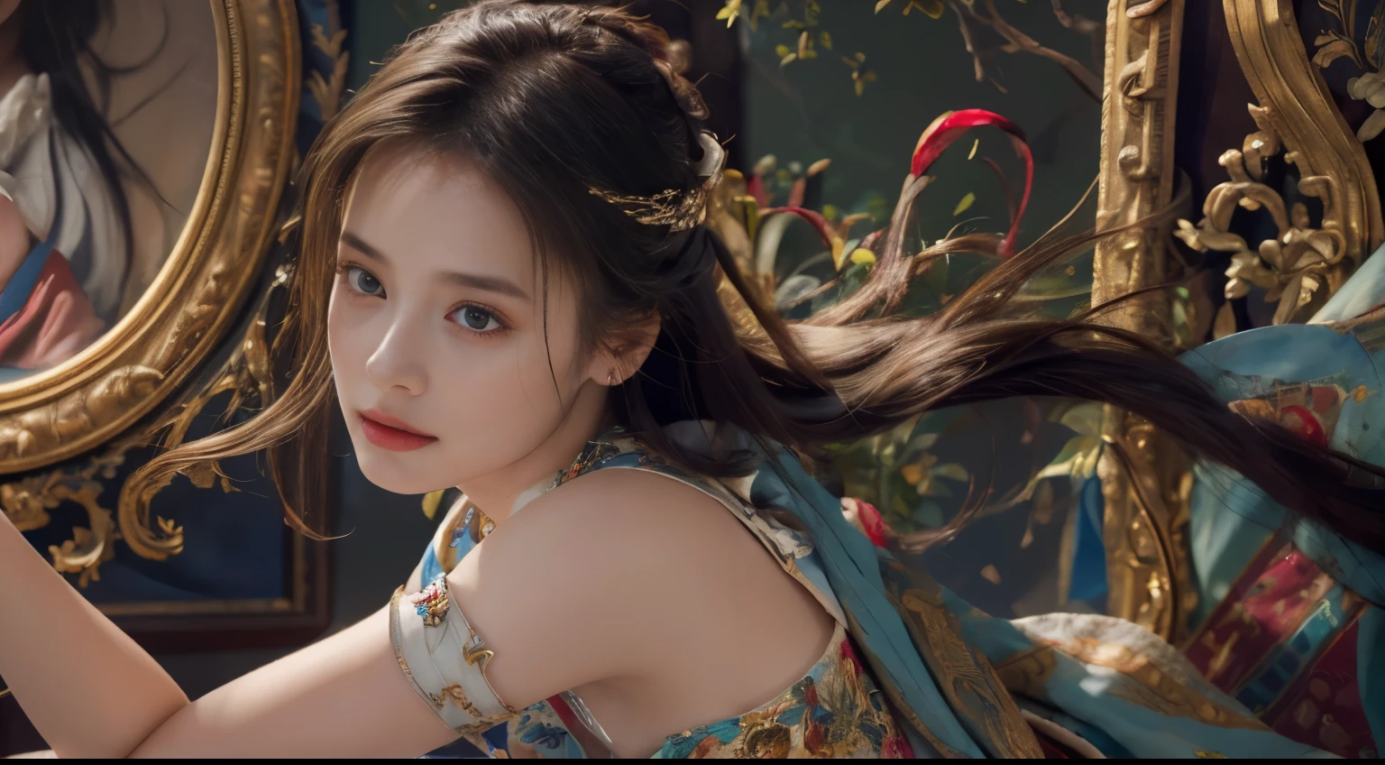 (RAW Photo, Best Quality), (Realistic, Photo Realistic: 1.3), Best Quality, Highly Detailed, Masterpiece, Hyperdetail, Illustration, 1 Girl, Forehead with Painting, upper_body, Dynamic Angle, World Masterpiece Theater, messy_long_hair, Best Quality, Extremely Detailed CG Unified 8k Wallpaper, Ink, Amazing, Cinematic Lighting, lens_flare,dunhuang_style