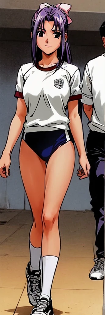 Momoko Koigakubo, a tall girl with beautiful legs, is standing with a smile on her face in a white gym uniform and light navy blue bloomers that look like panties.。Momoko Koigakubo is stroking the head of a second-grade boy wearing a tracksuit next to her.。