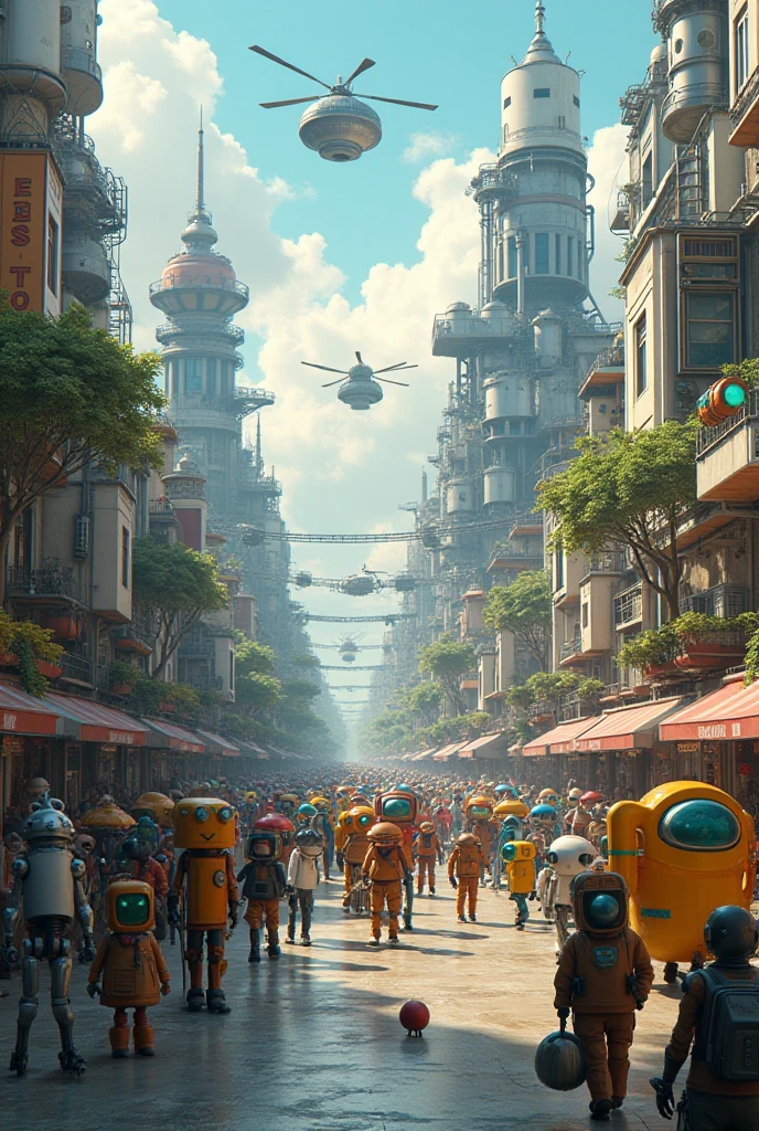 en estilo comic, la princesa leia con sus robots r2d2 y c3po, pasean por las calles de la ciudd de coruscant, con inmensos edificios tecnologicos, con todo el ambiente y estilo star wars.