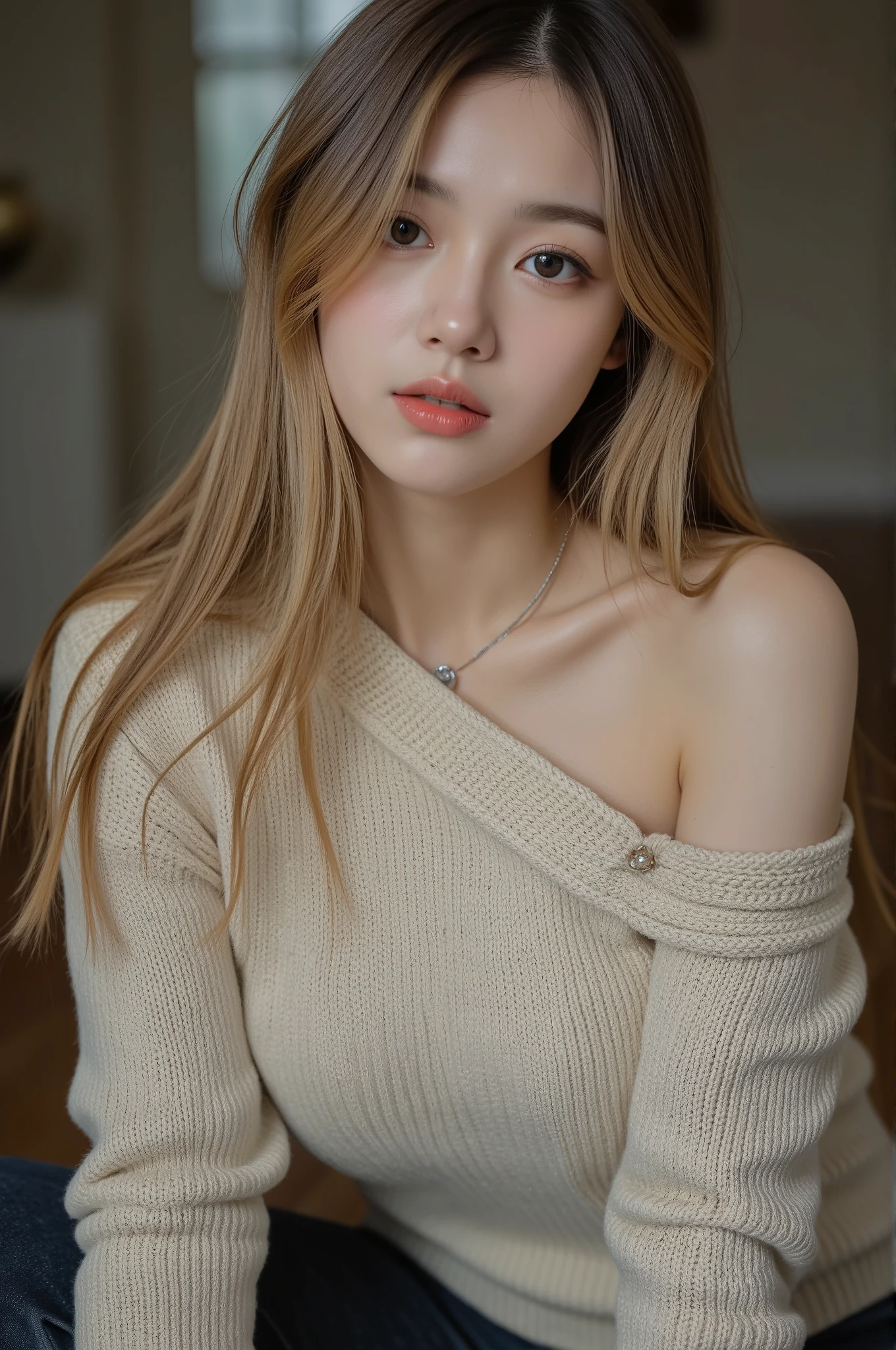 1 girl, 19 years old, alone, long hair, Huge , looking at the viewer, blonde, bare shoulders, brown eyes, gem, full body, necklace, off shoulder, sweater, realistic, Sexy,My chest is sticking out