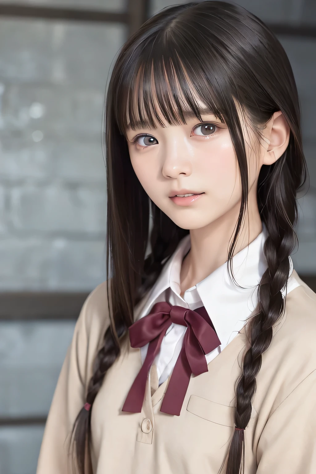 (8k,  RAW photo,  photorealistic:1.25) ,(lip gloss,  eyelashes, Shiny surface, Glossy Skin,  best quality, ultra highres, allows depth of field, naked, nude, short two braids hair, Color Difference, caustics, blow lighting, Natural Shading, kpop idol), (cleavage, open shirt, small breasts, school uniform), while staring at the audience, With an expression of calm and bliss like a goddess, crying, tears, tearing, sadness, dark dungeon