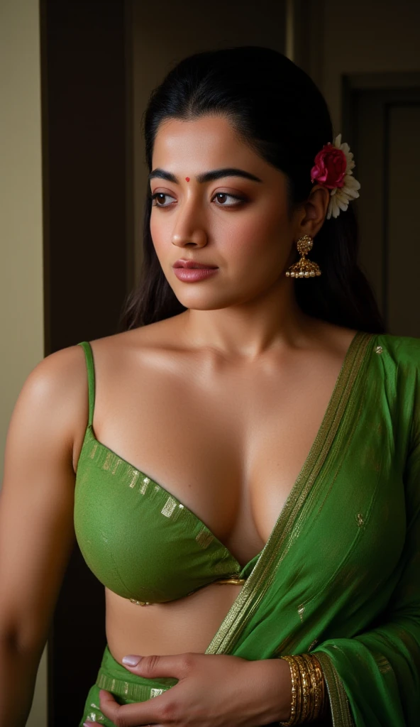 from top view, extreme close up photo of sexy indian, oval face, big cheeks, hourglass figure, ponytail, necklace, sultry, seductive eyes, look at viewer and subtle smile, green lace night dress, (cinematic:1.3), intricate details, (ArtStation:1.2)