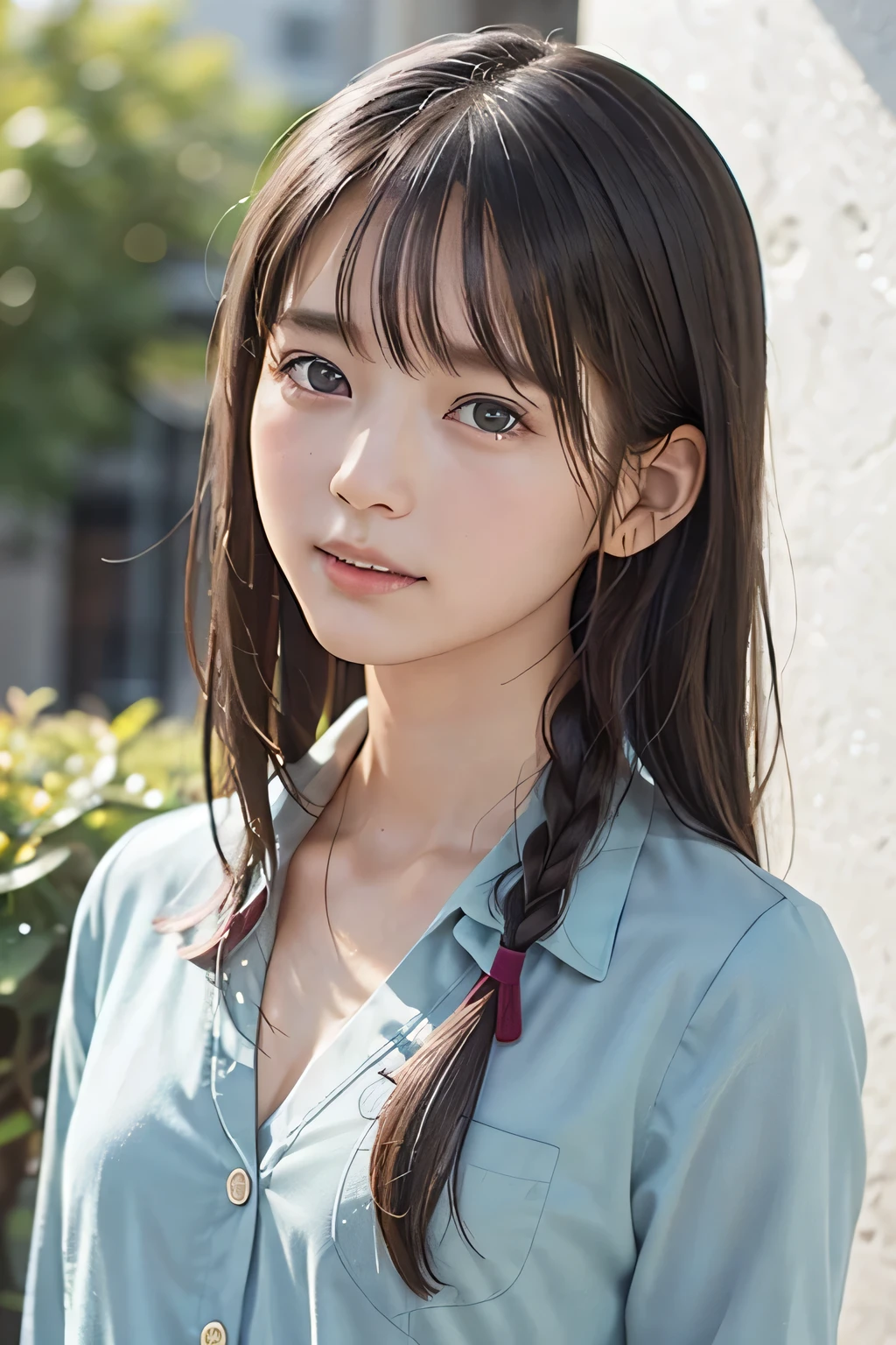 (8k, RAW photo, photorealistic:1.25) ,(lip gloss, eyelashes, Shiny surface, Glossy Skin, best quality, ultra highres, allows depth of field, wet hair, short two braids hair, Color Difference, caustics, blow lighting, Natural Shading, kpop idol), (cleavage, open shirt, small breasts, school uniform:1.3), while staring at the audience, With an expression of calm and bliss like a goddess, crying, tears, tearing, sadness, bedroom, hotel room