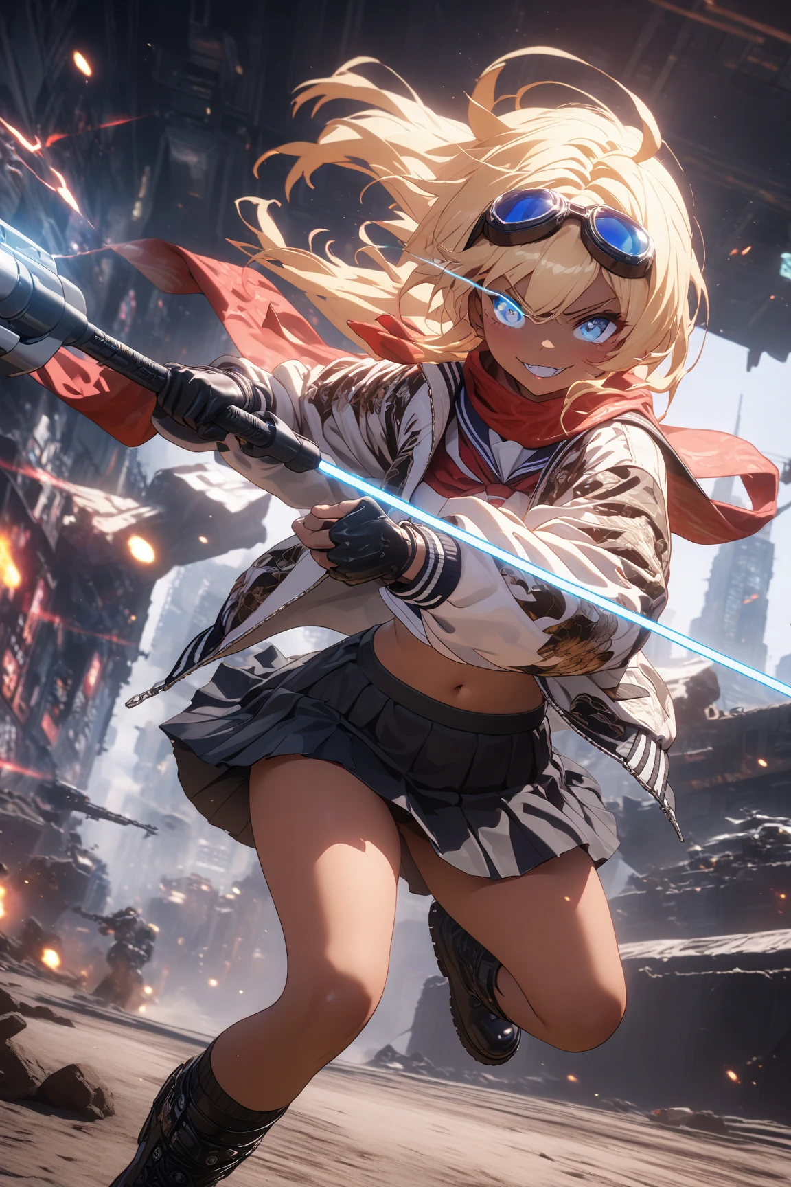 1 girl, ((super detailed, high resolution, super detailed, top quality, amazing, top quality, highly detailed CG Unity 8k wallpaper, cinematic lighting)), pov, (full body), A pretty girl is on the battlefield where the survival of humanity depends on it. She is wearing a white tank top and denim hot pants. Her eyes are red. She is pitted against many kinds of intelligent life robots. She is engaged in a dynamic battle. There are explosion marks all around her, cool and stylish.