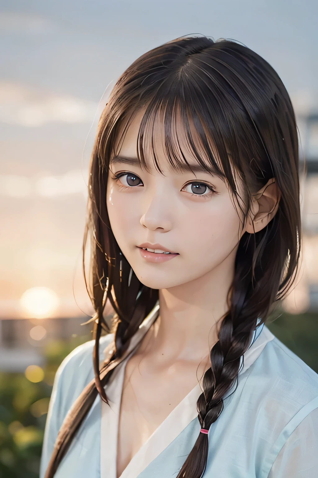 (8k, RAW photo, photorealistic:1.25) ,(lip gloss, eyelashes, Shiny surface, Glossy Skin, best quality, ultra highres, allows depth of field, wet hair, short two braids hair, Color Difference, caustics, blow lighting, Natural Shading, kpop idol:1.3), (cleavage, open shirt, small breasts, school uniform:1.3), (crying, tears, tearing, sadness), (bedroom, hotel room, sunset sky view, night)