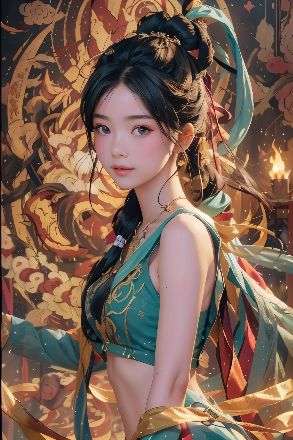 (RAW photo, Best quality), (realistic, photo-realistic:1.3), Best quality, Highly detailed, Masterpiece, Ultra-detailed, illustration, 1girll, The upper part of the body_Body, Dynamic Angle, world mastery theater, Messy_Long_Hair,Best quality, extremely detailed CG unity 8k wallpaper，ink，astounding，film lighting，lens_flare，dunhuang_Style，Scantily clad，4K Ultra Clear，Delicate details，Bright light，perfect human body，Perfect face，Gorgeous background