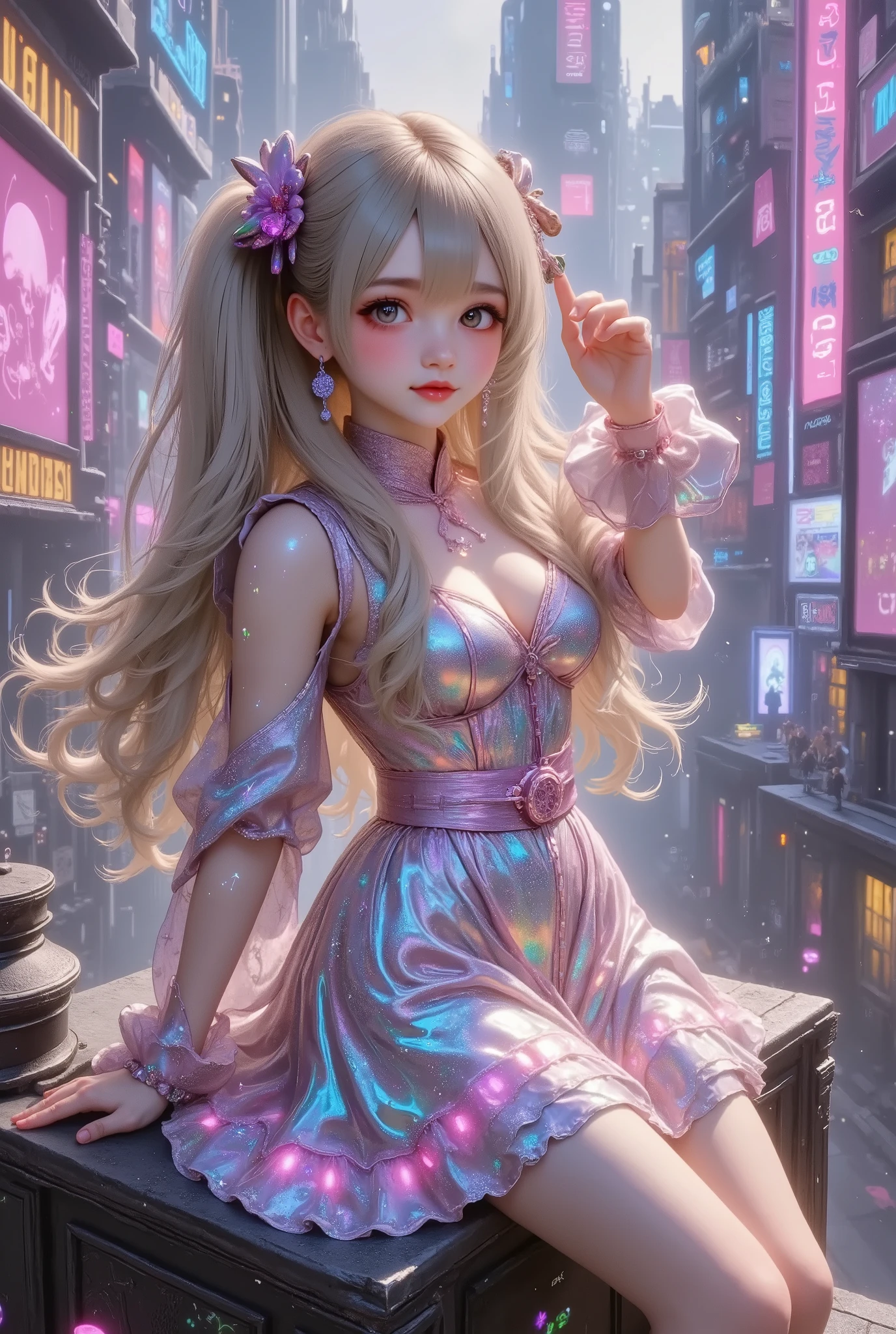 cute anime illustration,1girl, cyberpunk theme, futuristic ta fashion, metallic textures, glowing LED trims, holographic patterns on skirt, wide smile, posing with right hand on hat, flowing hair with holographic highlights, neon-lit futuristic cityscape, towering skyscrapers, hologram billboards, vibrant pink and purple neon lights, accented with neon blue and metallic silver, dynamic contrast, glow effect, digital painting, chromatic aberration, neon effect, grid effect, ultra-detailed, 8k, high resolution, cinematic lighting, masterpiece