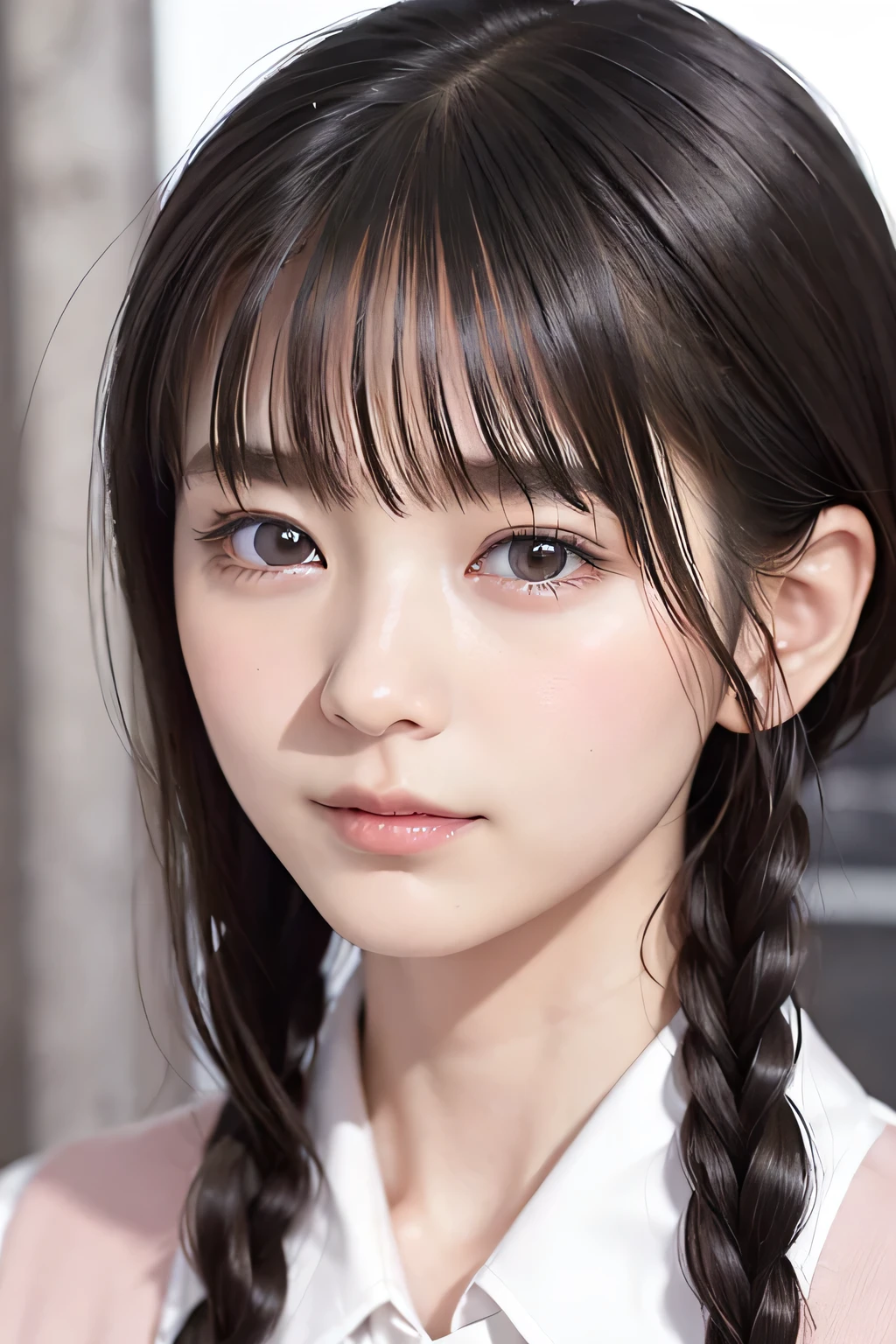(8k,  RAW photo,  photorealistic:1.25) ,(  lip gloss,  eyelashes, Shiny surface, Glossy Skin,  best quality, ultra highres,  allows depth of field, naked shirt, nude, Unbuttoned shirt, short two braids hair, Color Difference ,  caustics,  blow lighting , Natural Shading,  kpop idol) , while staring at the audience 、With an expression of calm and bliss like a goddess, crying, tears, tearing, sadness, dark dungeon