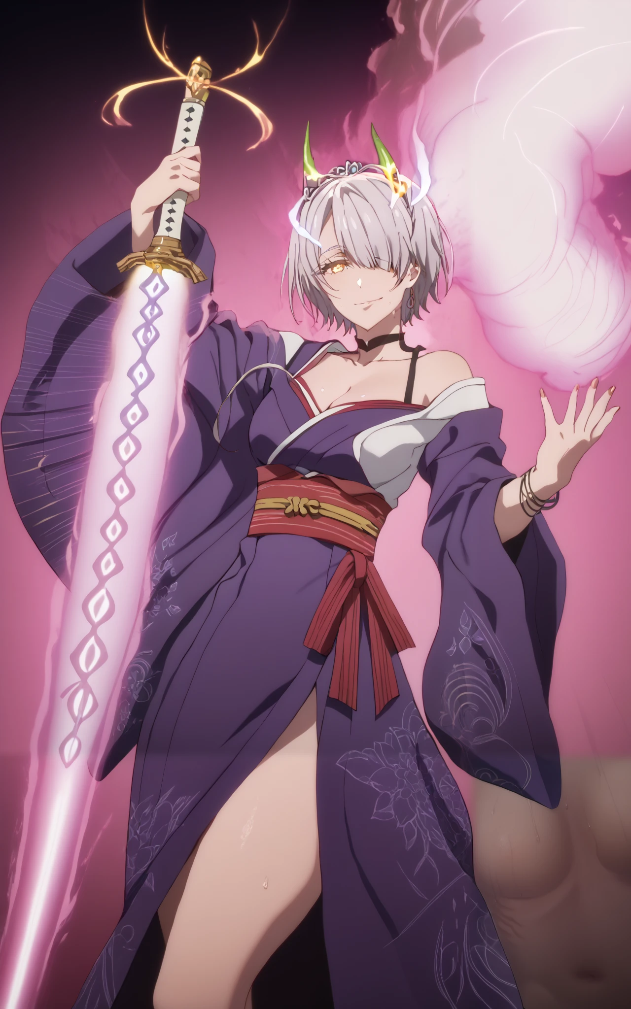 score_9, score_8_up, score_7_up, score_6_up, uncensored, chartreux westia, ((short hair)), bangs, yellow eyes, grey hair, hair over one eye, tiara, bright pupils, anime coloring, anime screencap, (voluptuous:1.3), (thick:1.3), BREAK UHD, retina, masterpiece, accurate, anatomically correct, textured skin, super detail, high details, high quality, award winning, best quality, highres, 4K, excessive sweating, sweating, sweating drop, (gasping, heavy breathing:1.3), (skindentation:1.2), perfect eyes, beautiful eyes, eyelashes, makeup, detailed body, perfect body, BREAK, eyeliner, breasts, makeup, japanese_clothes, magatama, weapon, sword, kimono, bare_shoulders, smile, tail, looking_at_viewer, jewelry, navel, wide_sleeves, purple_kimono, tongue_out, cleavage, earrings, tongue, sash, thighs, revealing_clothes, bracelet, obi, detached_sleeves, collarbone, smirk, off_shoulder, (aura:1.4), oni, oni horns, multiple horn, glow effect, glowing