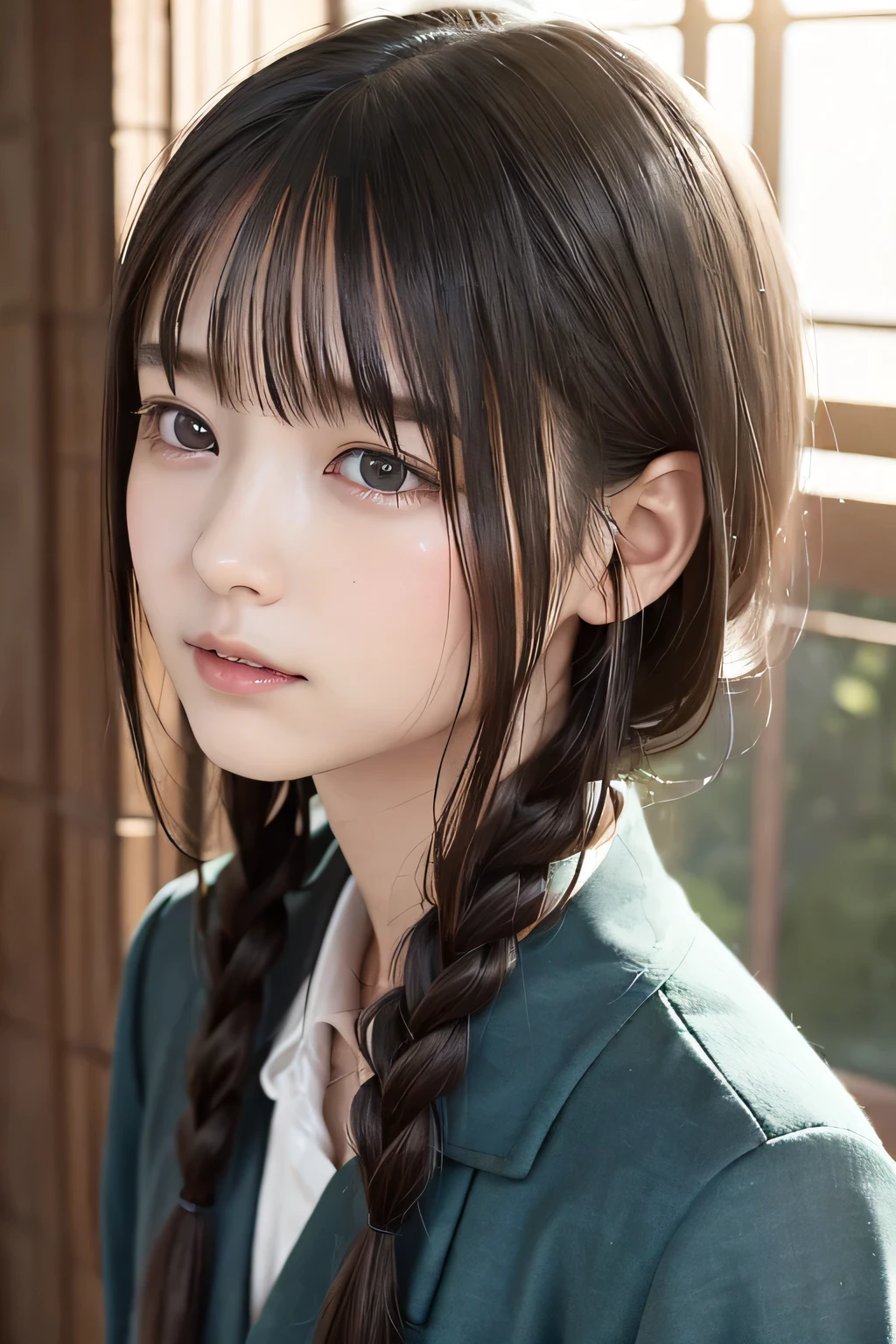 (8k,  RAW photo,  photorealistic:1.25) ,(  lip gloss,  eyelashes, Shiny surface, Glossy Skin,  best quality, ultra highres,  allows depth of field, naked shirt, nude, Unbuttoned shirt, short two braids hair, Color Difference ,  caustics,  blow lighting , Natural Shading,  kpop idol) , while staring at the audience 、With an expression of calm and bliss like a goddess, crying, tears, tearing, sadness, dark dungeon