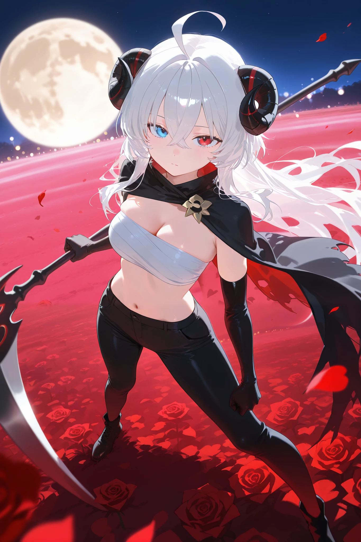 masterpiece, best quality, amazing quality, solo, from above, 1girl, white hair, crossed bangs, red eye, blue eye, heterochromia, curled horns, sheep horns, black horns, medium breasts, chest sarashi, midriff sarashi, black cape, black elbow gloves, (torn cape), black pants, long legs, holding scythe, red scythe, black grip, fighting stance, standing, front view, looking at viewer, expressionless, BREAK, hyper-detailed, extremely detailed background, extremely detailed foreground, absurdres, highres, rose field, rose petals, amazing nature background, depth of field, bokeh, diffused light, night, night sky, fullmoon