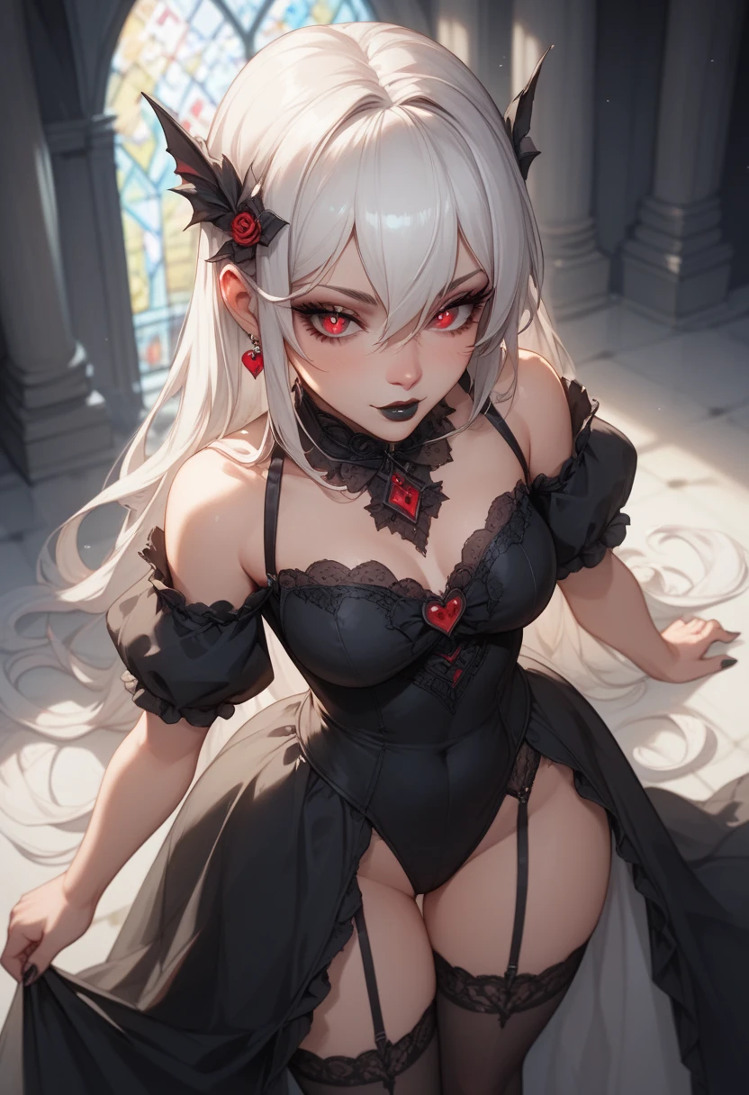 1girl, 2boys, polygamy, threesome, gothic, mature, adult, noble, vampire, fangs, red eyes, white hair, long hair, parted bangs, tattoos, pierced ears, full body, Masterpiece, best Quality, blood, happy, sexy, nsfw