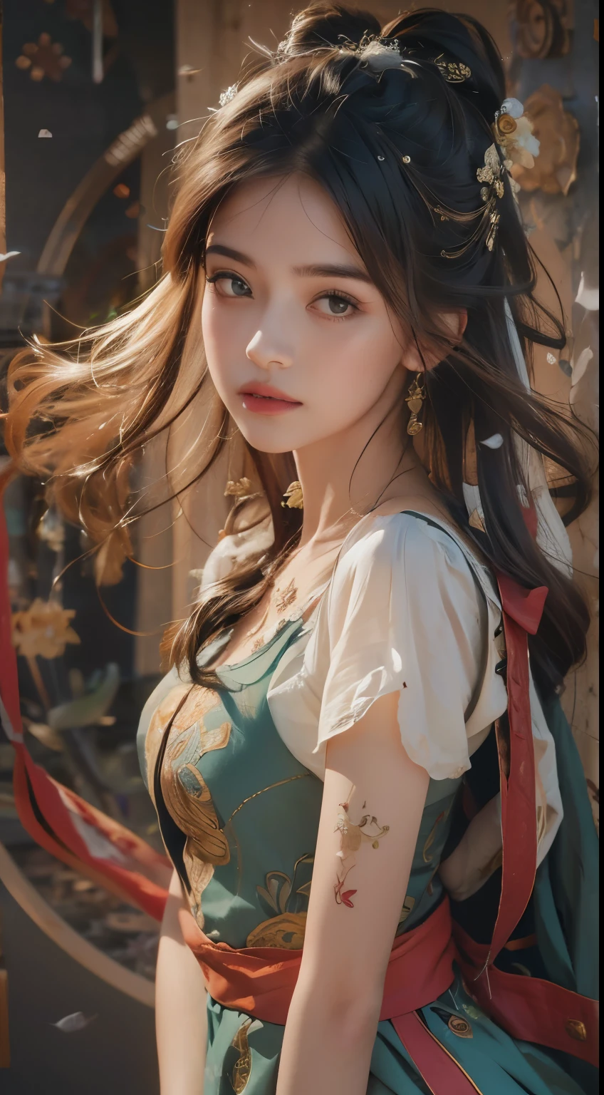 (RAW photo, best quality), (realistic, photo-realistic:1.3),best quality,highly detailed,masterpiece,ultra-detailed,illustration,1girl,upper_body,dynamic angle,world masterpiece theater,messy_long_hair,best quality,extremely detailed CG unity 8k wallpaper,ink,Amazing,cinematic lighting,lens_flare, dunhuang_style