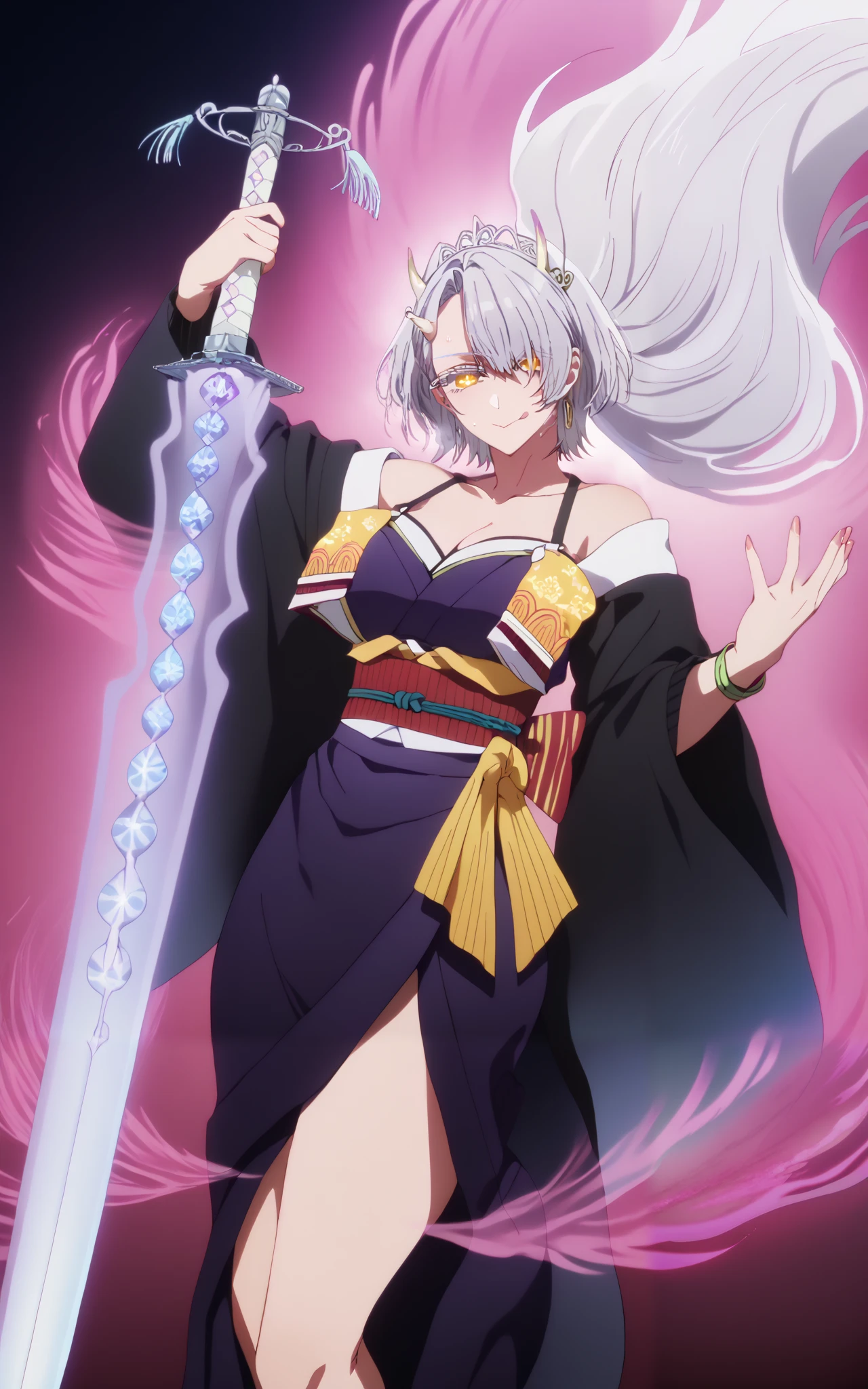 score_9, score_8_up, score_7_up, score_6_up, uncensored, chartreux westia, ((short hair)), bangs, yellow eyes, grey hair, hair over one eye, tiara, bright pupils, anime coloring, anime screencap, (voluptuous:1.3), (thick:1.3), BREAK UHD, retina, masterpiece, accurate, anatomically correct, textured skin, super detail, high details, high quality, award winning, best quality, highres, 4K, excessive sweating, sweating, sweating drop, (gasping, heavy breathing:1.3), (skindentation:1.2), perfect eyes, beautiful eyes, eyelashes, makeup, detailed body, perfect body, BREAK, eyeliner, breasts, makeup, japanese_clothes, magatama, weapon, sword, kimono, bare_shoulders, smile, tail, looking_at_viewer, jewelry, navel, wide_sleeves, purple_kimono, tongue_out, cleavage, earrings, tongue, sash, thighs, revealing_clothes, bracelet, obi, detached_sleeves, collarbone, smirk, off_shoulder, (aura:1.4), oni, oni horns, multiple horn, glow effect, glowing