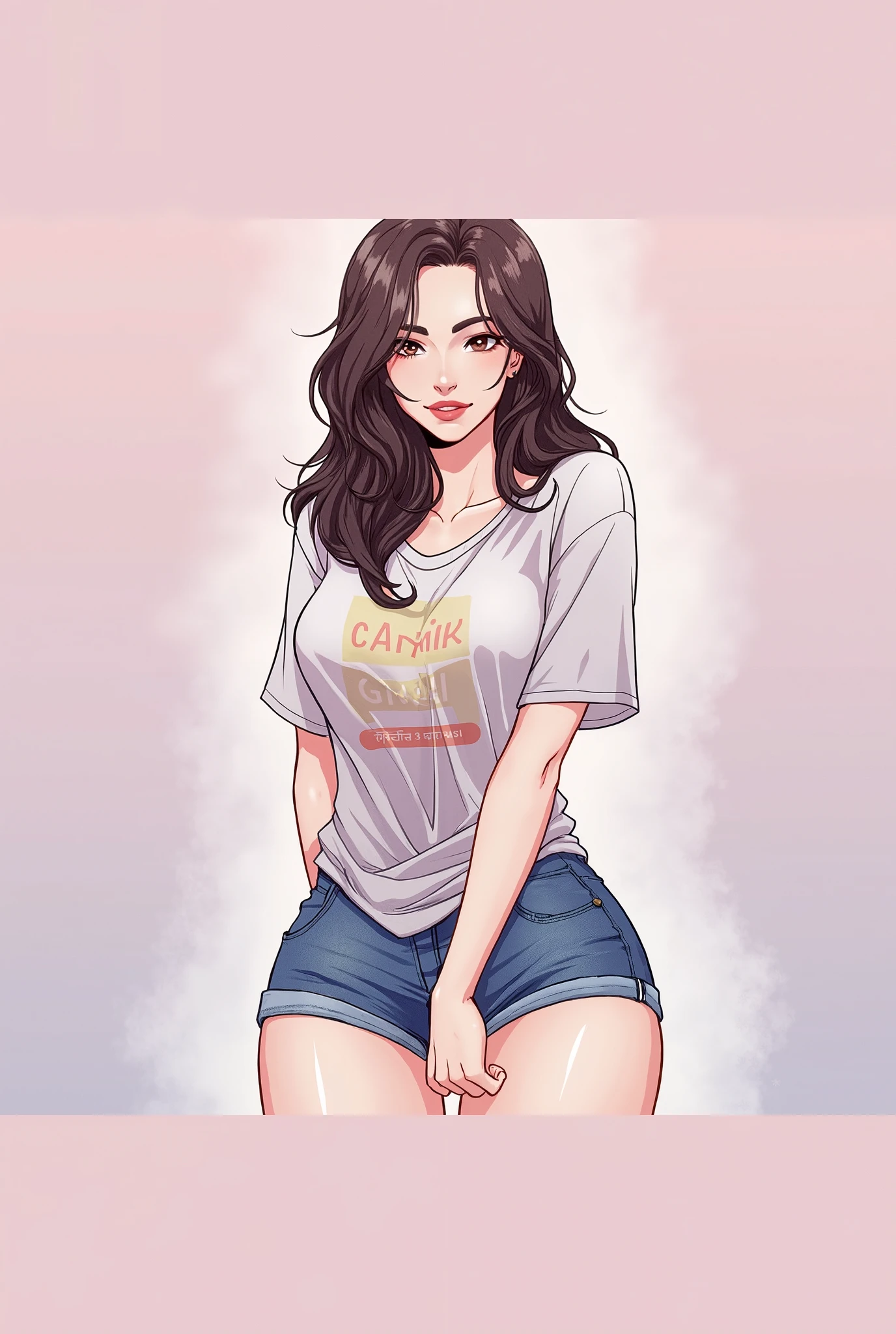 Anime girl with a t - shirt and shorts posing for a picture - SeaArt AI