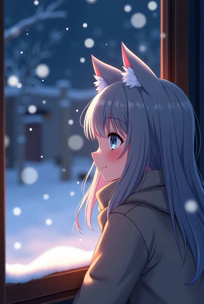 Une fille d'anime avec de longs cheveux gris fluides et des oreilles de chat adorables, vêtue d'une tenue d'hiver confortable, se tient près d'une fenêtre givrée. La scène se déroule la nuit, avec une lumière douce et chaleureuse illuminant son visage, mettant en valeur son expression curieuse alors qu'elle regarde dehors. Des flocons de neige tombent doucement du ciel, créant un paysage d'hiver serein. La caméra fait un zoom progressif sur son visage, capturant l'éclat dans ses yeux alors qu'elle regarde la neige s'accumuler au sol, tandis que le monde extérieur est recouvert d'une lueur douce provenant des réverbères. L'ambiance est paisible et réfléchie, avec une touche de merveille alors qu'elle embrasse la beauté de la nuit d'hiver.