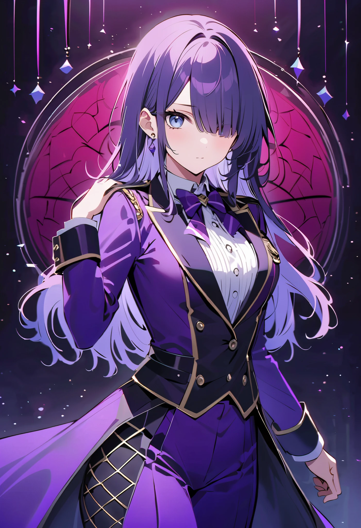 Purple long hair、ソロのPrince、1 person、Bangs that cover one eye、 with bangs on one side over the ear 、 purple luxury jacket long sleeve、 white shirt、Prince、 fancy mesh costume、 hanging eye、 cool face、 blue eyes、Purple long pants、 purple bow tie 、Small perrys、uniform、Cool beautiful girl、