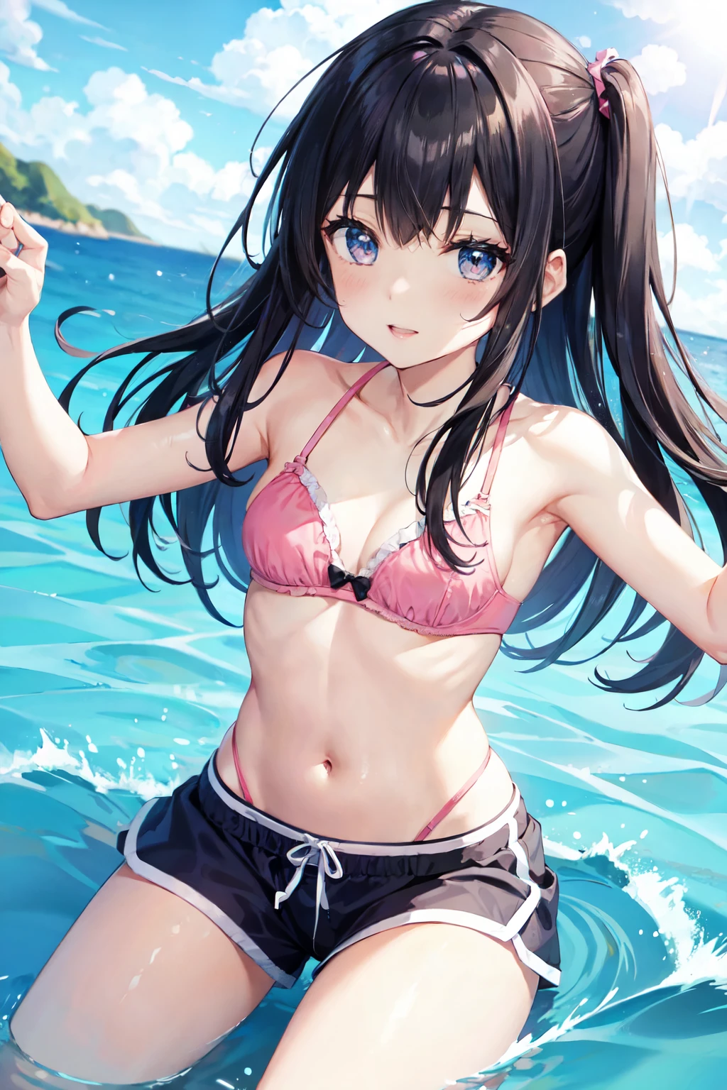 (beautiful skin、beautiful hair、4k、high resolution、crying、embarrassing、small breasts、beautiful face、Beauty、sex)、micro bikini、Ocean、school bag、twin tails