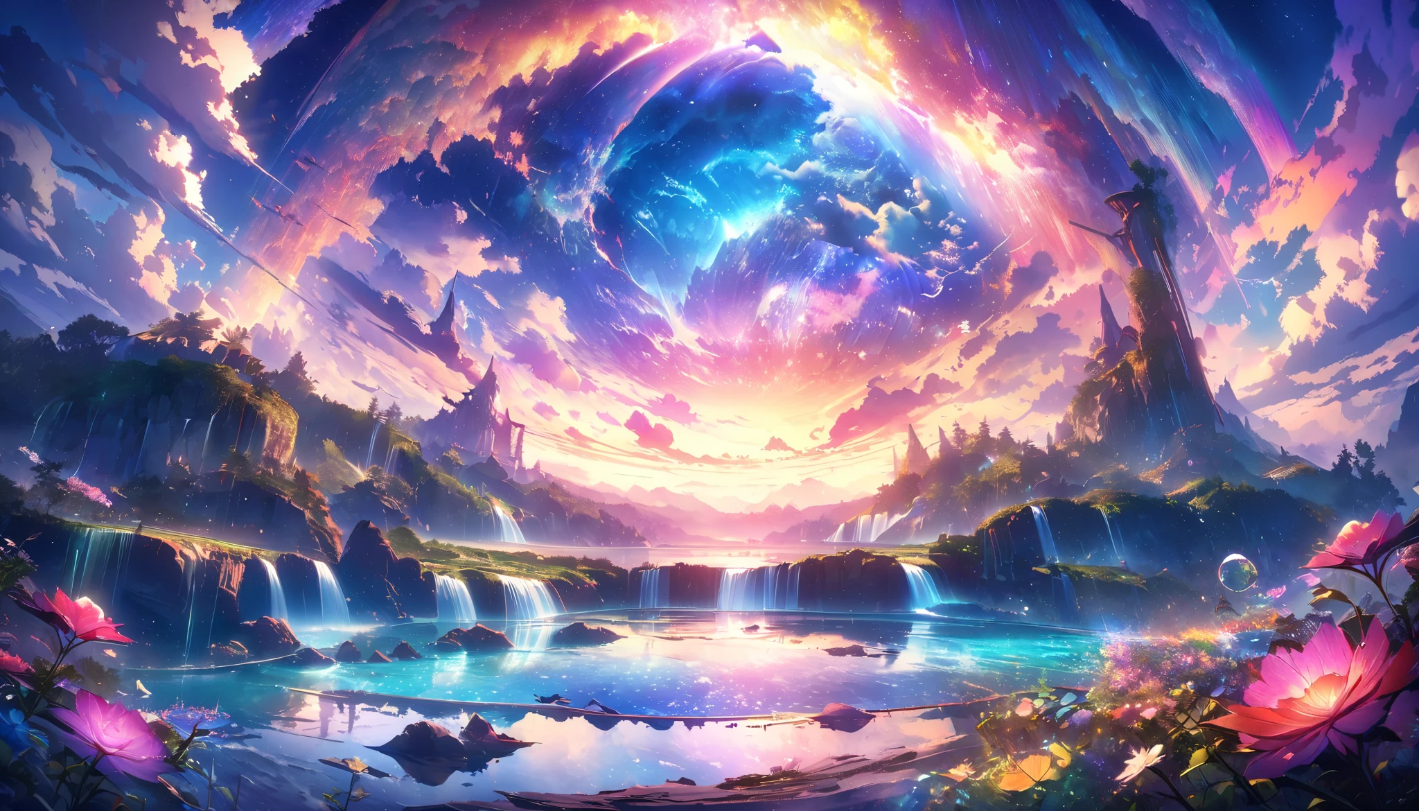 paradise, colorful,A dreamy fantasy landscape,Extremely Coloured Scenery, cloud, light piercing through the cloud,Spectacular and majestic views, shot with a fisheye lens , Can you see large planets in the sky,Multiple beautiful waterfalls,Water surface reflection, Serene waterfall,flower々, quiet atmosphere, Richness in details, Surreal Beauty , magical aura, Fantasy Scenery , high quality digital art , vibrant colors, amazing lighting , A fascinating scene , Artistic Expression, A sense of another world, Beautiful brushwork, Spectacular views, Peaceful serenity , x} Immersive Experience , Breathtaking Scenery , Picturesque Scenery , Mysterious charm, Mysterious Atmosphere , nuance, Magical Dreams.No people appear,