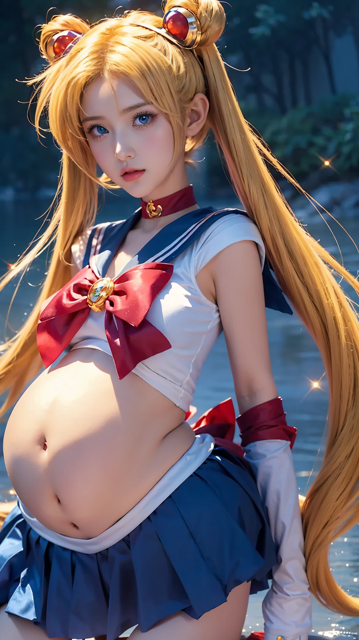 sailor girl sitting on a rock with her hands on her knees, Sailor moon pregnant, anime girl cosplay, anime cosplay, sailor moon style, inspired by Sailor Moon, the sailor moon. beautiful, by Sailor Moon, cosplay photo, sailor moon!!!!!!!!, full-cosplay, cosplay, glamourous cosplay, anime girl in real life, sailor moon aesthetic, sailor uniform, professional cosplay, publicity cosplay, large breasts, thin lips, shiny lips, blue eyes. realistic 