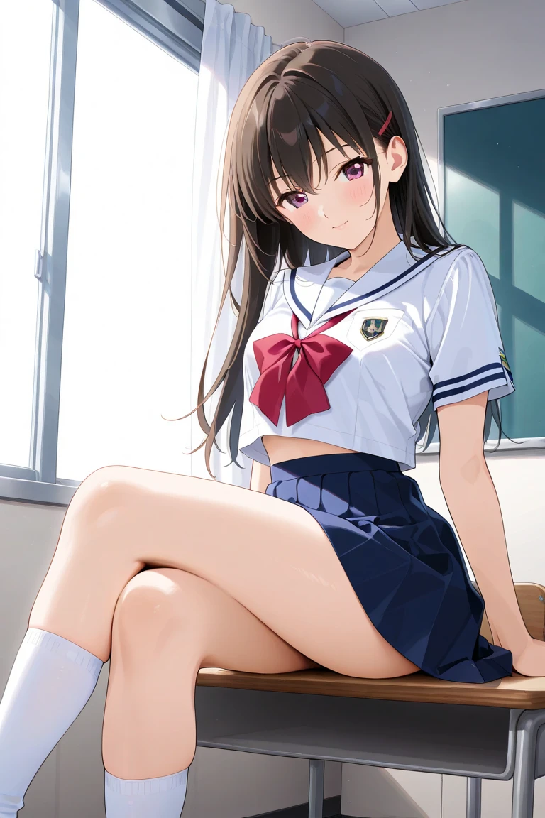 (((masterpiece, Highest quality, High resolution, 超High resolution, Perfect Pixel, Depth of written boundary, 4K, RTTX 10.0))), Beautiful Anime Woman, Beautiful art style, Anime characters, ((Smooth texture, Realistic texture, Anime CG Style)), Exact finger count、Exact number of legs、(Exact number of arms:1.0, Exact number of hands:1.0), (Perfect hands, Perfect Anatomy), Cinematic, Realistic, Extremely detailed CG, Daytime lighting, Perfect lighting, Best Shadow, The best natural light, whole body, Perfect body, バランのとれたPerfect body, Perfectly balanced style, Slender body, ((Long Hair, bangs, Reddish brown hair, ponytail)), ((A cute adult woman is holding her panties in both hands and showing them, holding panties, presenting panties:1.8)), ((Sailor suit tops, Sailor collar, White shirt, Navy pleated mini skirt:1.3), (Knee-high socks:1.3):1.3), (Beautiful and big breasts:1), (Very embarrassed look:1.6), blush, (School classroom, School desks and chairs in the background:1.6), Angle from the front, (Sexy and cute panties:1.45), Iori