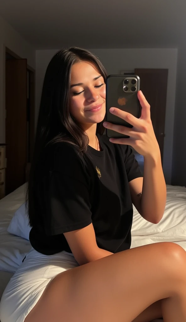 A Latina woman with long dark hair, dressed casually, is taking a selfie while sitting on her bed in a bedroom. The room is cozy and intimate, with soft lighting, decorative pillows, and a stylish bedspread. She has a poised, beautiful body with thick legs and a curvy appearance. Her figure is stacked, and she has a gorgeous face with minimal, natural makeup. She is smiling naturally for the selfie, exuding confidence and warmth as she captures the moment on her phone. Ensure that there are no visual bugs or distortions on her hands, feet, or any part of her body. The atmosphere is relaxed and inviting, capturing the comfort and intimacy of a private bedroom.”