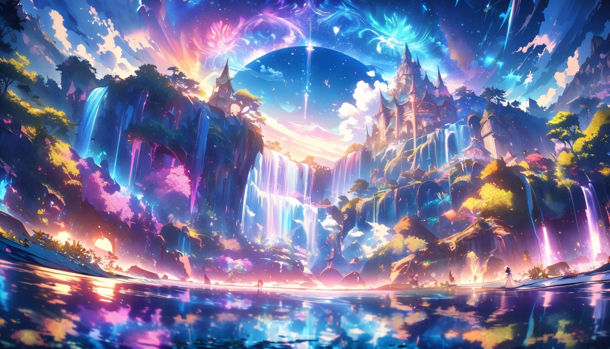 Paradise, colorful, Dreamy Fantasy Scenery ,Extremely Coloured Scenery, cloud, light piercing through the cloud, Magnificent and Majestic Scenery , shot with a fisheye lens , Can You See Big Planets in the Sky, Multiple beautiful waterfalls , Water reflection , Gentle waterfalls ,flower々, quiet atmosphere, Richness in details, Surreal Beauty , magical aura, Fantasy Scenery , high quality digital art , vibrant colors, amazing lighting , A fascinating scene , Artistic Expression, Sensation of Another World , Beautiful brushwork, Spectacular Scenery , Peaceful silence , x} Immersive Experience , Breathtaking Scenery , Picturesque Scenery , Mysterious charm, Mysterious Atmosphere , nuance, Magical Dreams.No People Appear ,