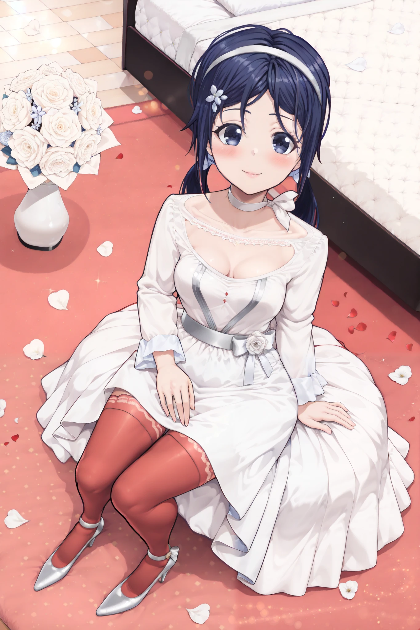((masterpiece, Best quality, highest quality, high details, ultra details, super detail,8k, high resolution,UHD)),((Create a stunning and elegant anime-style artwork of Mita from MiSide, dressed in a beautiful and alluring bridal outfit. Her long, flowing dark blue hair is styled in two low pigtails tied with delicate white ribbons, and a sheer white veil cascades down her back. Her large, expressive dark blue eyes sparkle with a mix of innocence and playfulness, complemented by a soft blush on her cheeks and slightly parted, glossy lips,Mita’s bridal gown is both elegant and suggestive, featuring a fitted white lace bodice that accentuates her figure, with sheer sleeves and a plunging neckline. The skirt is voluminous and layered, with intricate lace details and a thigh-high slit that reveals her red thigh-high stockings. She wears white heels and holds a bouquet of blue and white flowers, adding a touch of color to the scene.Her pose should be graceful and alluring, such as standing with one hand on her hip and the other gently lifting her veil, or sitting on a luxurious bed with the skirt of her gown spread around her, giving a coy smile. The background should be romantic and dreamy, with soft, diffused lighting, rose petals scattered on the floor, and a faint bokeh effect to emphasize her figure. Use a high-detail anime art style with smooth shading, vibrant yet soft colors, and intricate textures for her hair, gown, and accessories. The overall composition should be balanced, visually stunning, and evoke a sense of elegance and allure)),mita